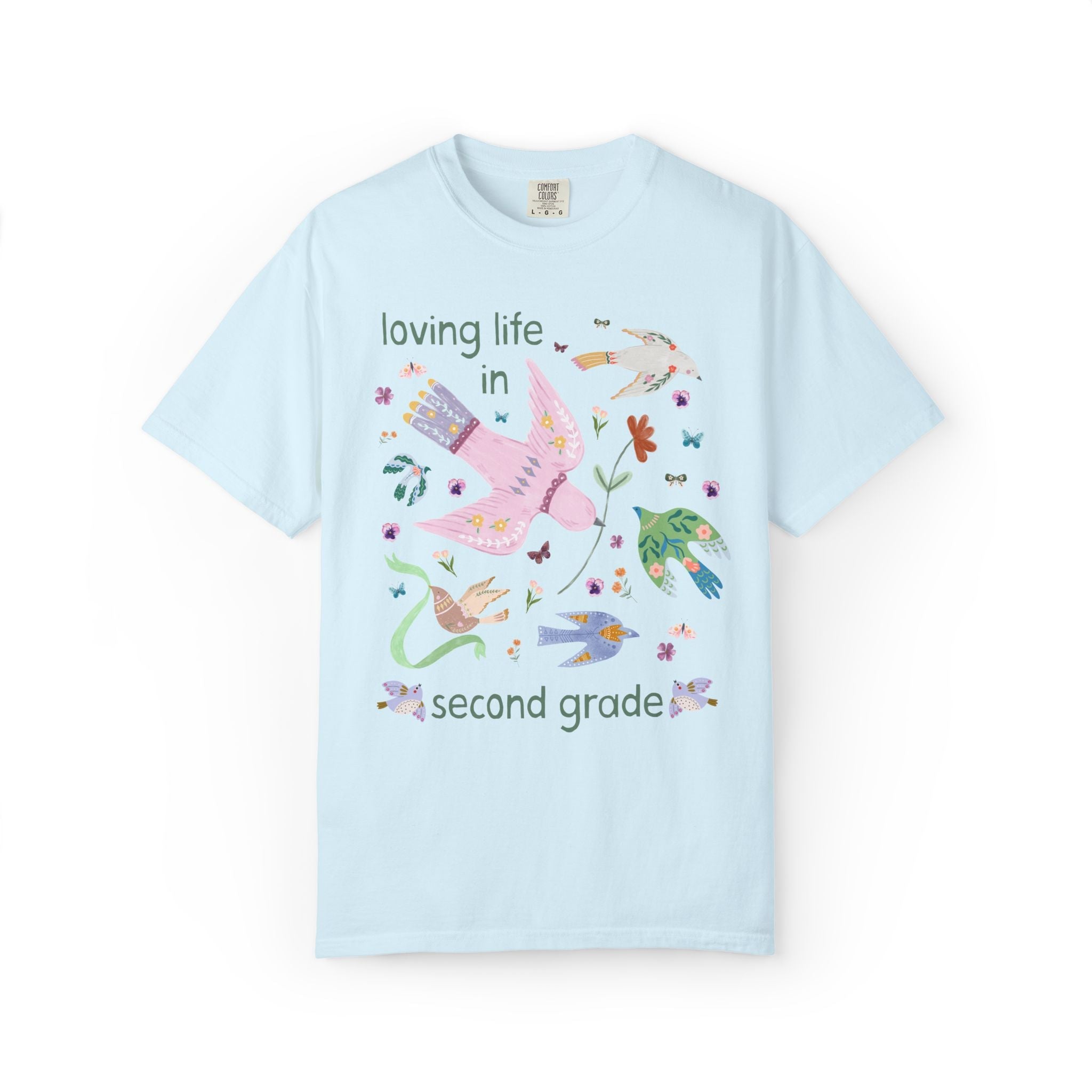 Loving Life in Second Grade: Matching Teacher Team T-Shirt with Cottagecore Floral Doves, Cute Animal Lover, Bird Lover Paraprofessional Tee - Opal and June