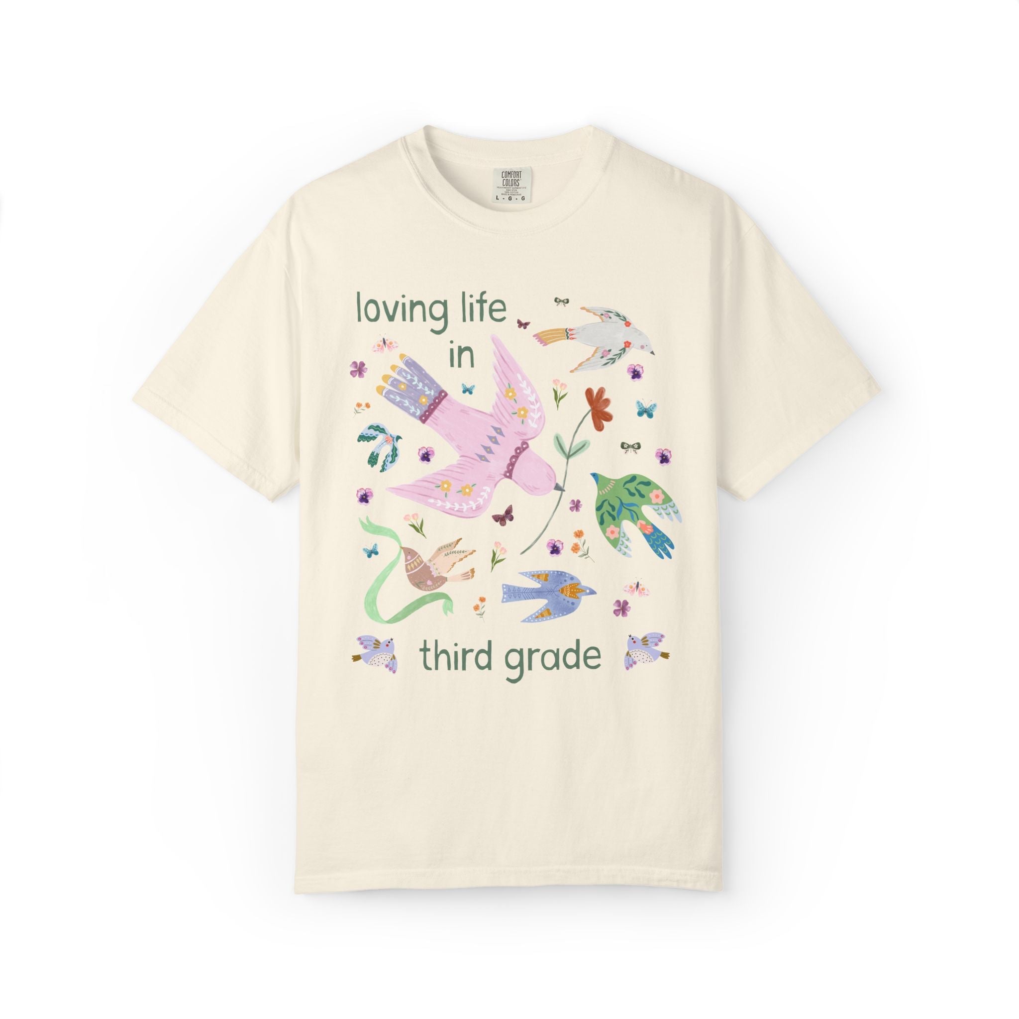 Loving Life in Third Grade: Matching Teacher Team T-Shirt with Cottagecore Floral Doves, Cute Animal Lover, Bird Lover Paraprofessional Tee - Opal and June