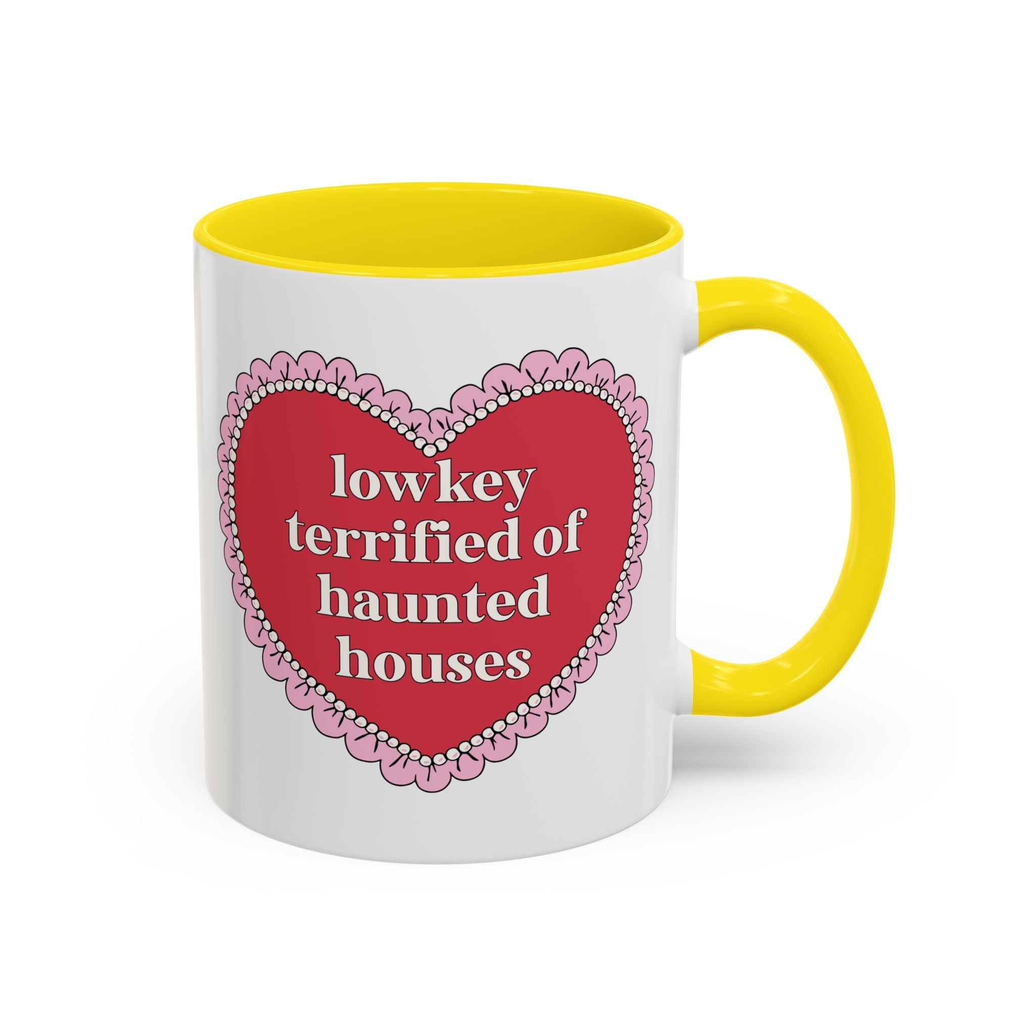 Lowkey Terrified of Haunted Houses Coffee Mug: Funny Saying Spooky History Gift for Friend Afraid of Ghosts, 11 Oz Coffee Mug with Heart - Opal and June