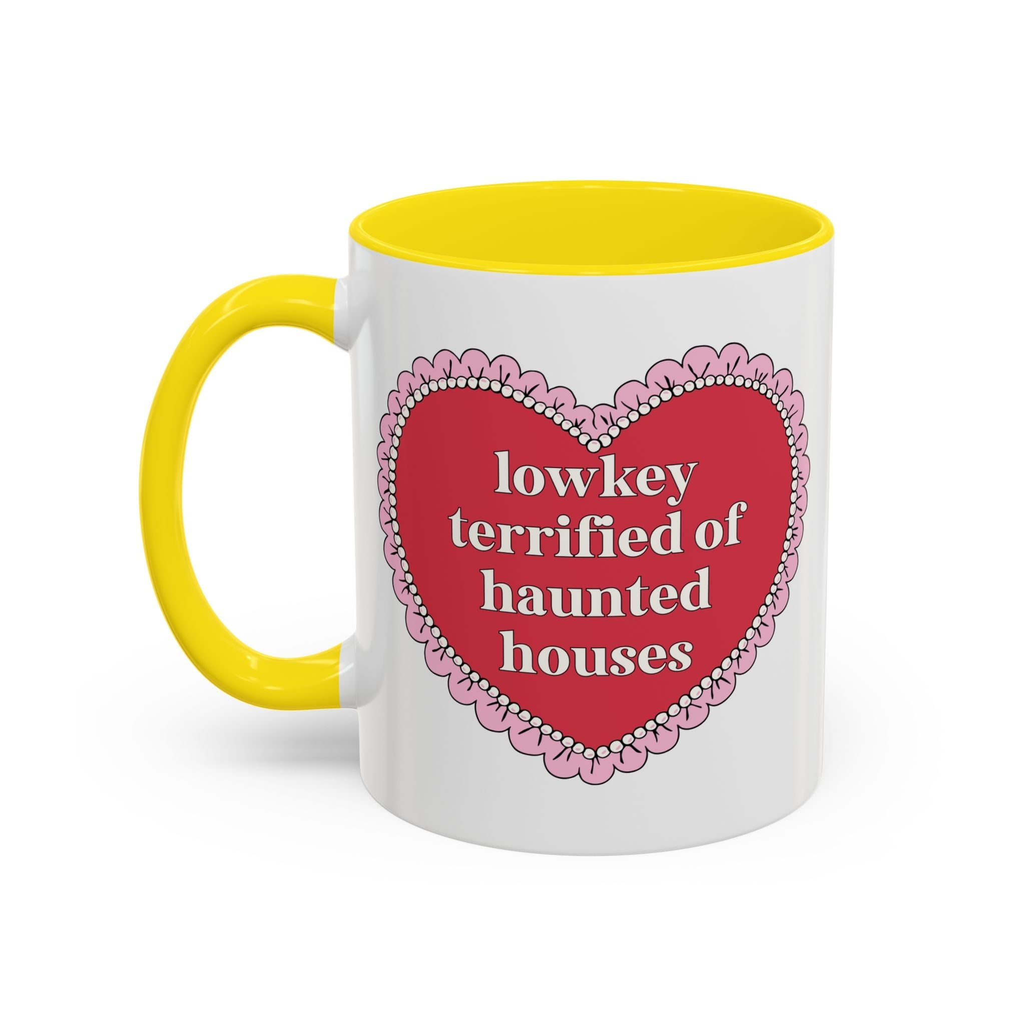 Lowkey Terrified of Haunted Houses Coffee Mug: Funny Saying Spooky History Gift for Friend Afraid of Ghosts, 11 Oz Coffee Mug with Heart - Opal and June
