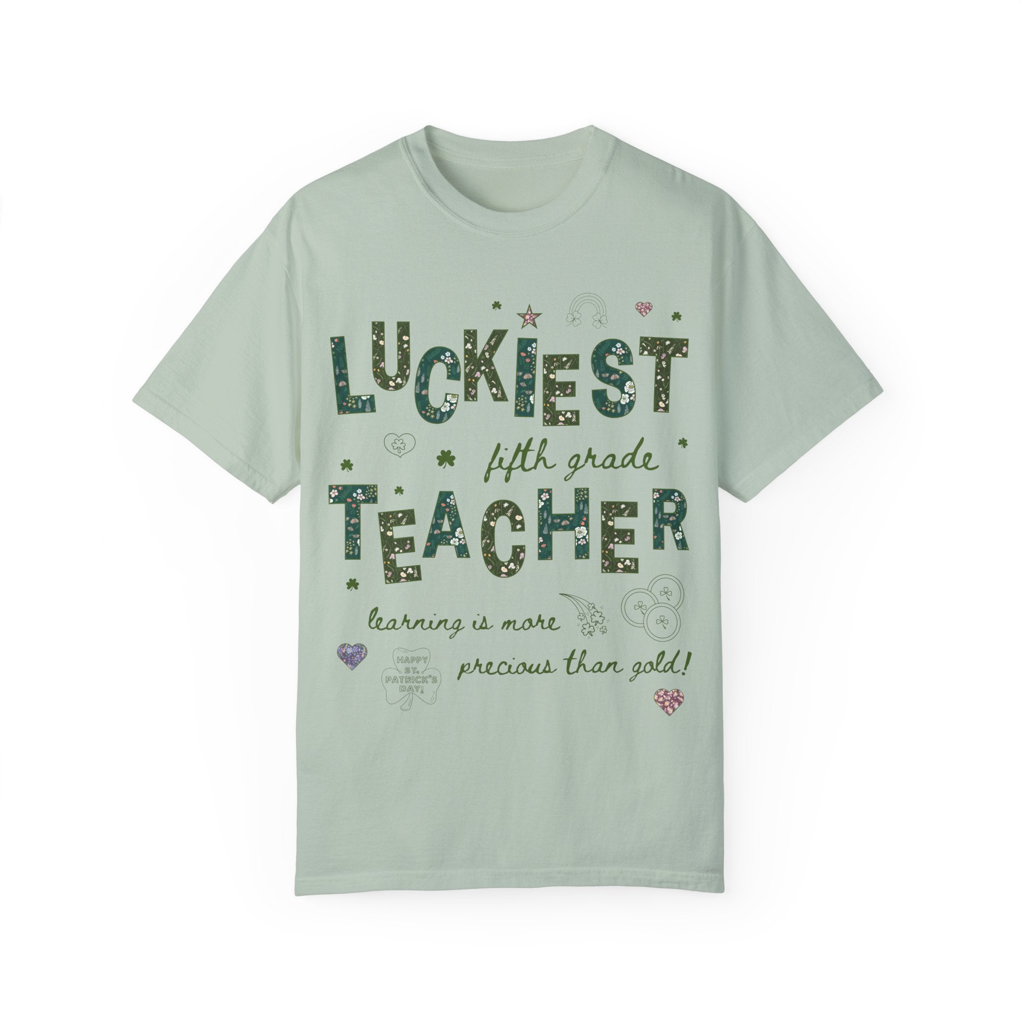 Luckiest Fifth Grade Teacher Tee Shirt for St Patrick's Day: Cute Floral T-Shirt with Doodles for Elementary Education Student Teacher - Opal and June