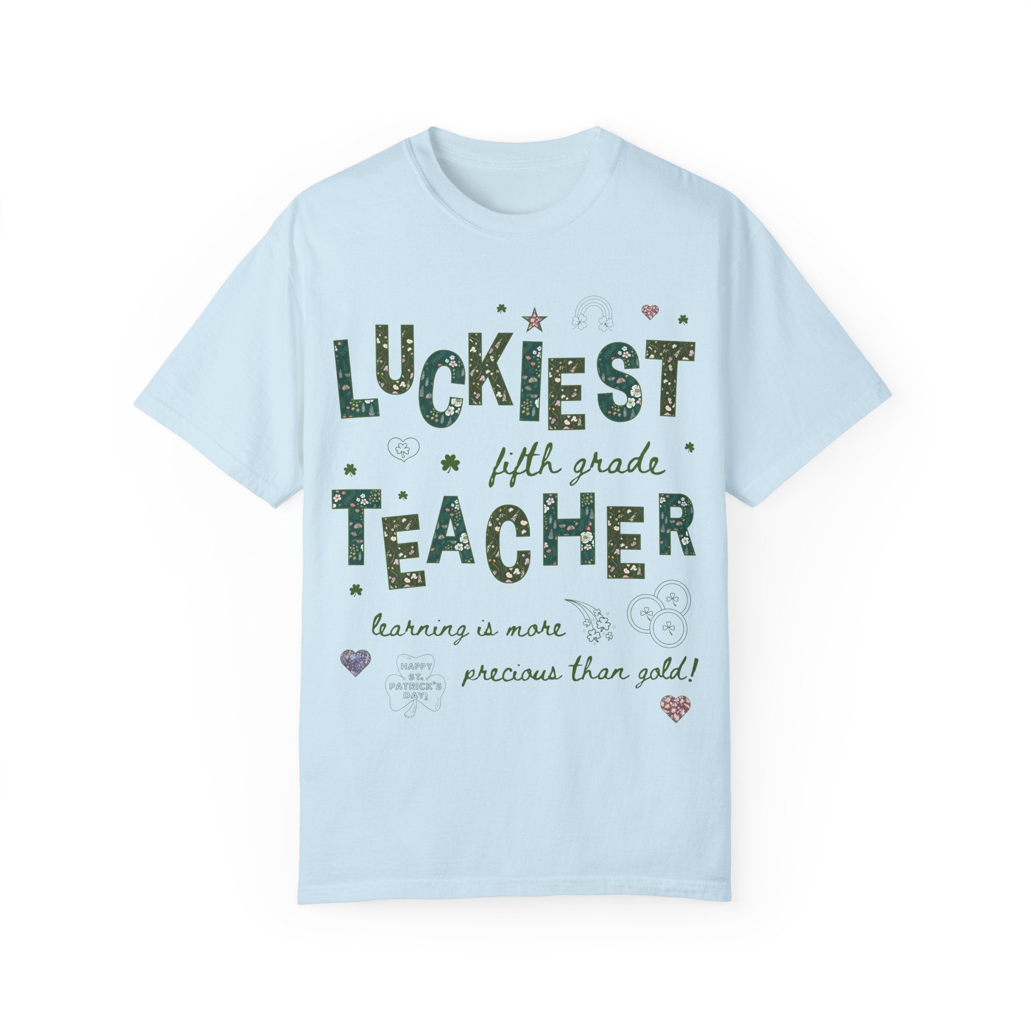 Luckiest Fifth Grade Teacher Tee Shirt for St Patrick's Day: Cute Floral T-Shirt with Doodles for Elementary Education Student Teacher - Opal and June