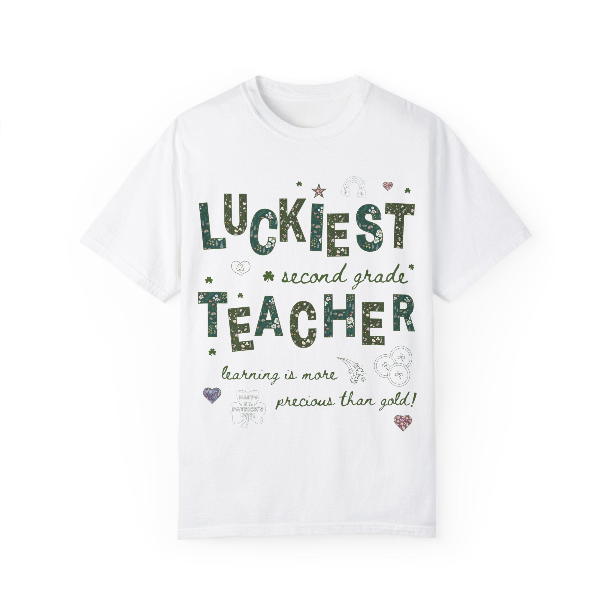 Luckiest Second Grade Teacher Tee Shirt for St Patrick's Day: Cute Floral T-Shirt with Doodles for Elementary Education Student Teacher - Opal and June