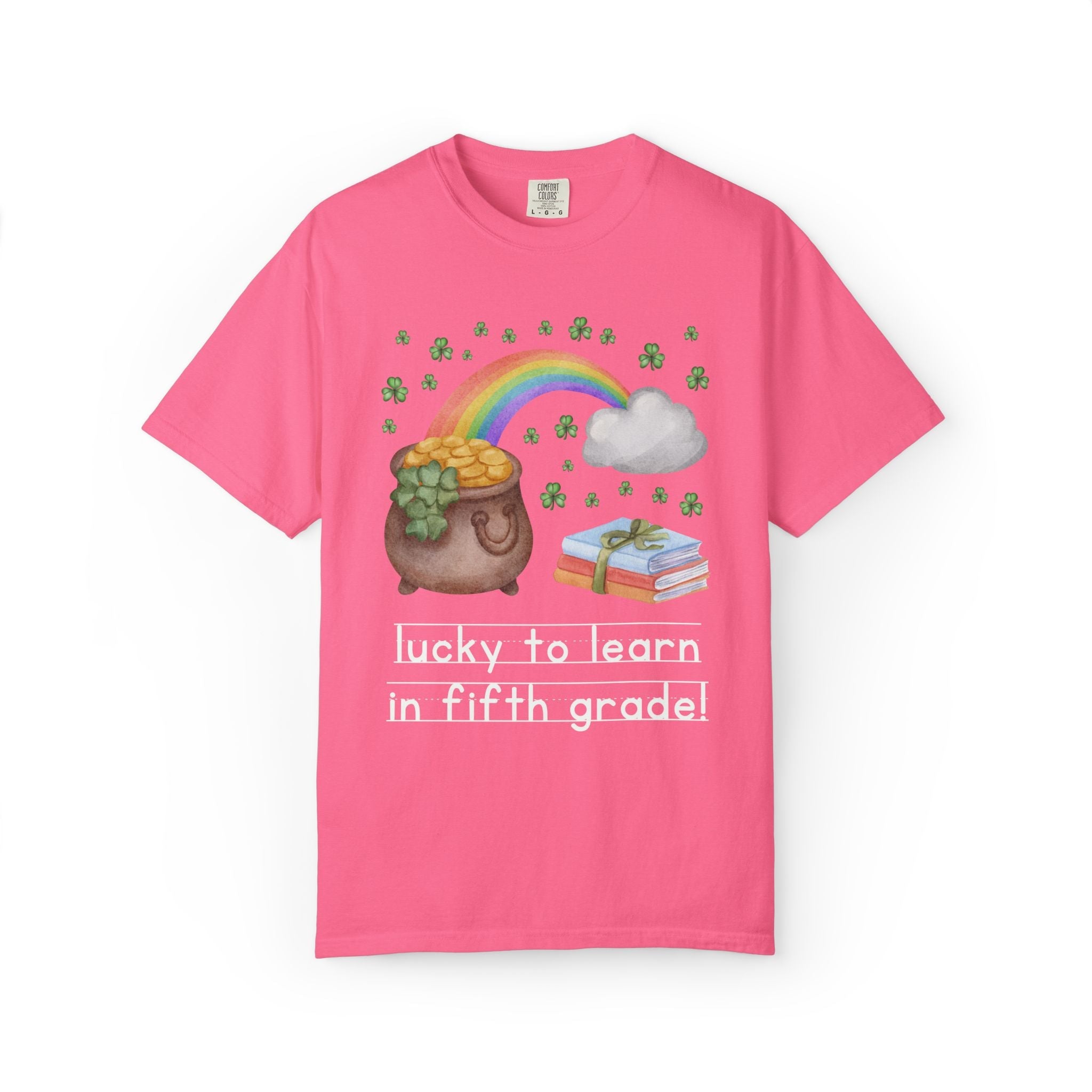Lucky to Learn in Fifth Grade St Patrick's Day Teacher Tee: Colorful Maximalist 90s Aesthetic Matching Teacher T-Shirt with Rainbow and Clovers - Opal and June