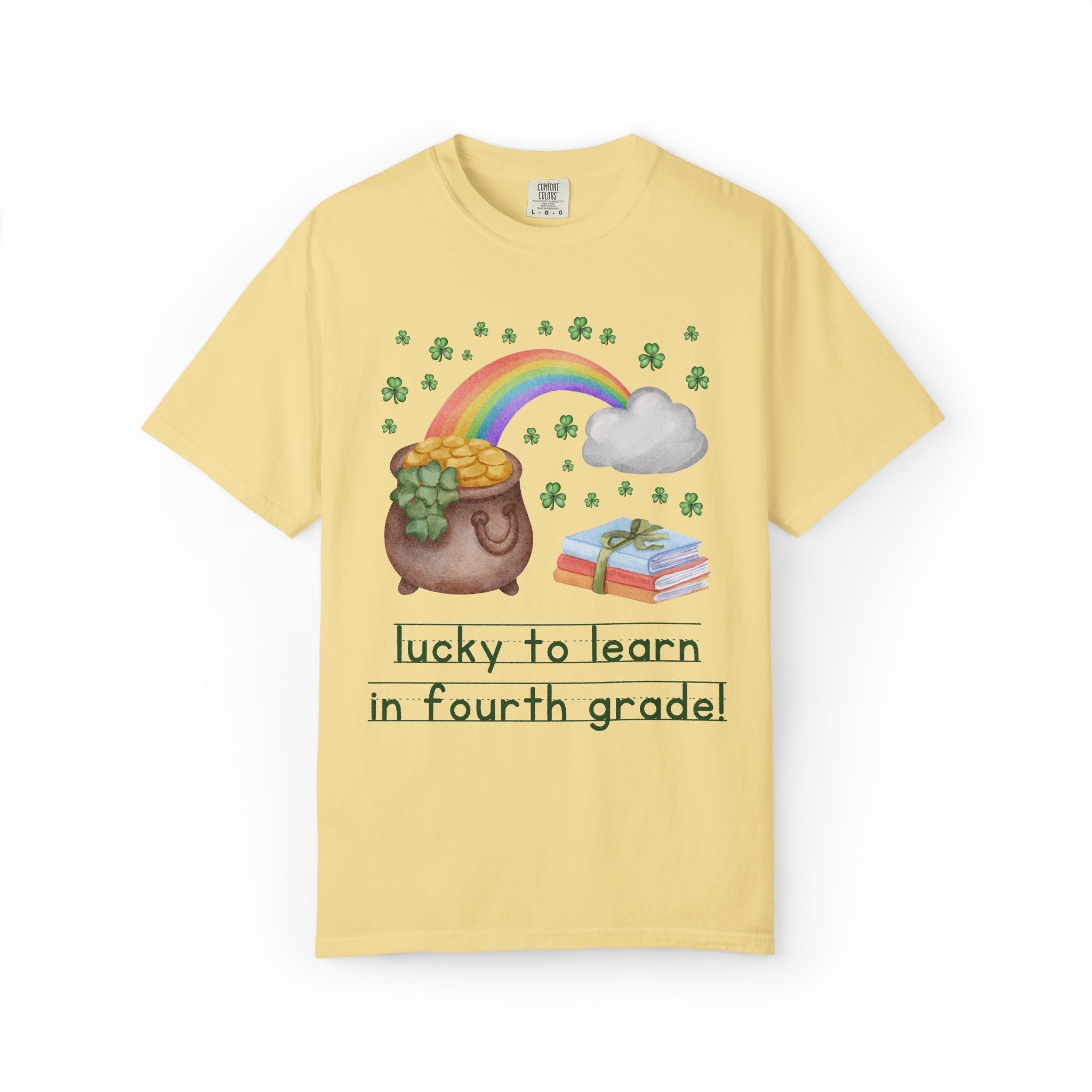 Lucky to Learn in Fourth Grade St Patrick's Day Teacher Tee: Colorful Maximalist 90s Aesthetic Matching Teacher T-Shirt with Rainbow and Clovers - Opal and June