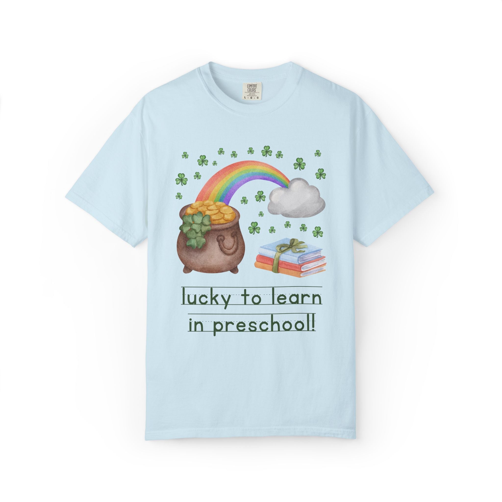 Lucky to Learn in Preschool St Patrick's Day Teacher Tee: Colorful Maximalist 90s Aesthetic Matching Teacher T-Shirt with Rainbow and Clovers - Opal and June