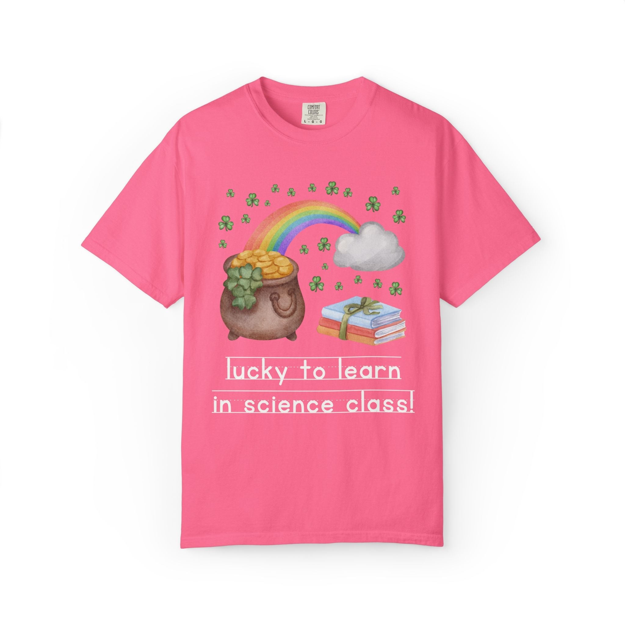 Lucky to Learn in Science Class St Patrick's Day Teacher Tee: Colorful Maximalist 90s Aesthetic Matching Teacher T-Shirt with Rainbow and Clovers - Opal and June