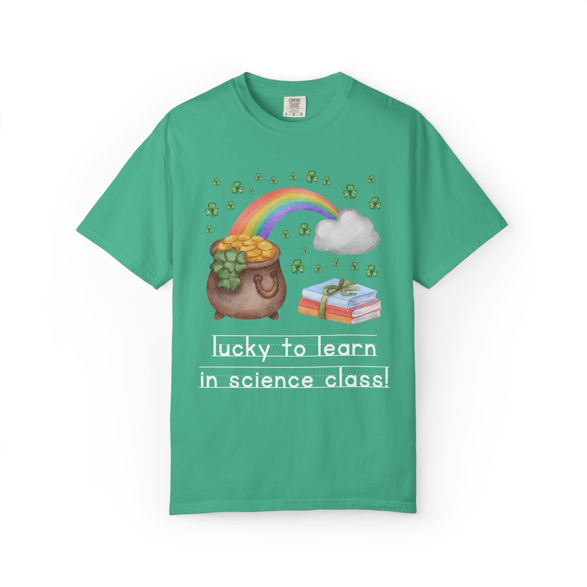 Lucky to Learn in Science Class St Patrick's Day Teacher Tee: Colorful Maximalist 90s Aesthetic Matching Teacher T-Shirt with Rainbow and Clovers - Opal and June