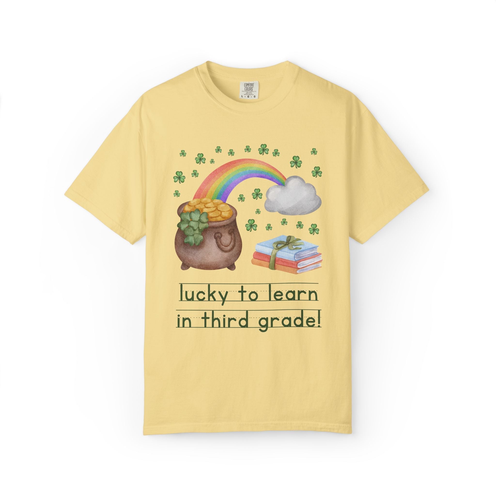 Lucky to Learn in Third Grade St Patrick's Day Teacher Tee: Colorful Maximalist 90s Aesthetic Matching Teacher T-Shirt with Rainbow and Clovers - Opal and June