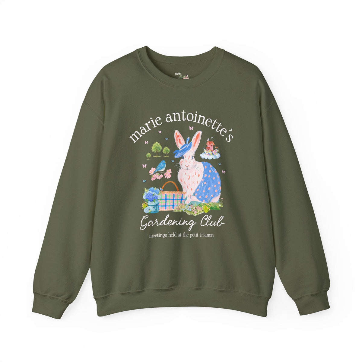 Marie Antoinette's Gardening Club Sweatshirt with Cottagecore Bunny and Birds: Funny Garden Lover History Buff Crewneck - Opal and June