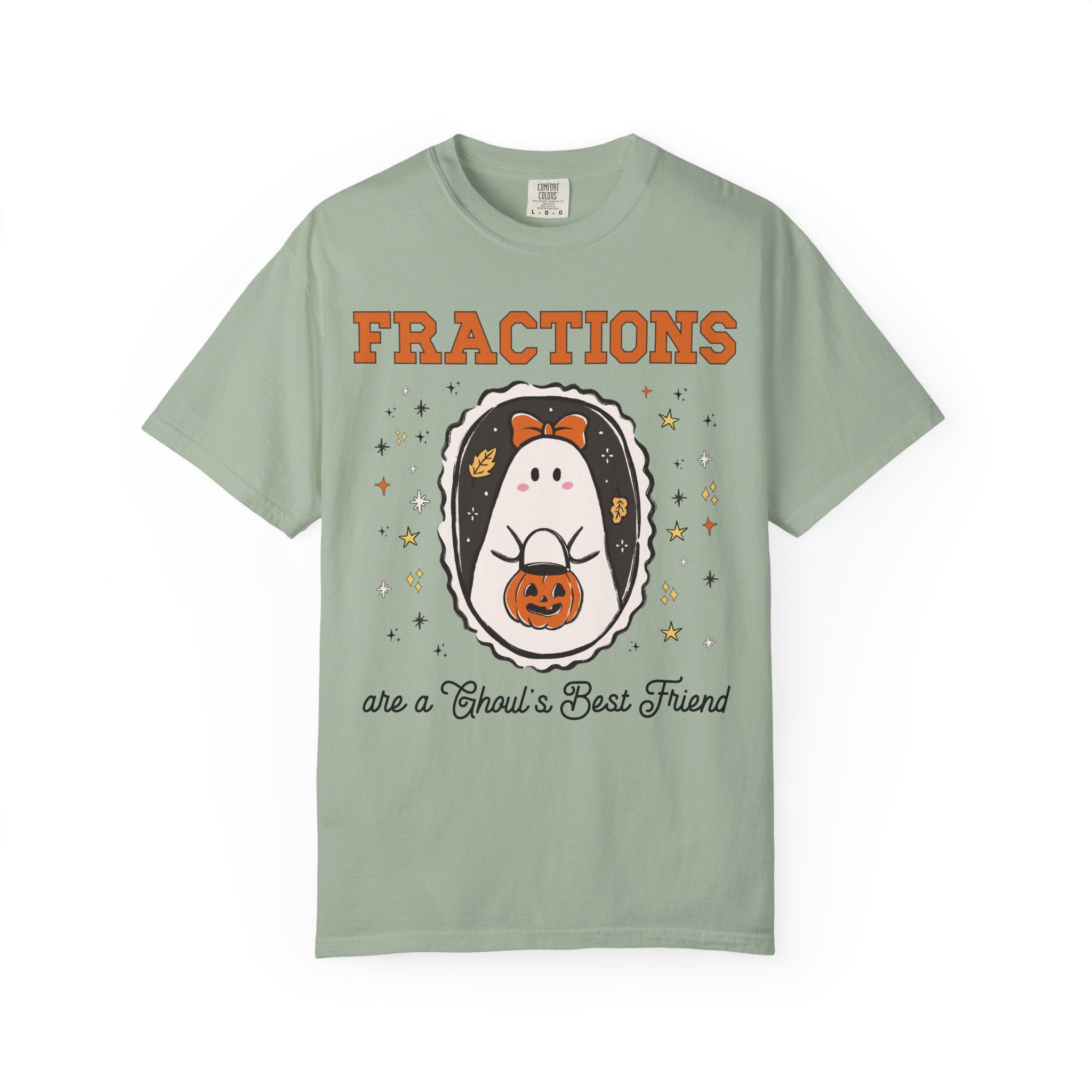 Math Teacher Halloween Fraction Tee Shirt for Third Grade Crew, Fourth Grade Teacher T-Shirt for Halloween with Cute Ghost Holding a Pumpkin - Opal and June