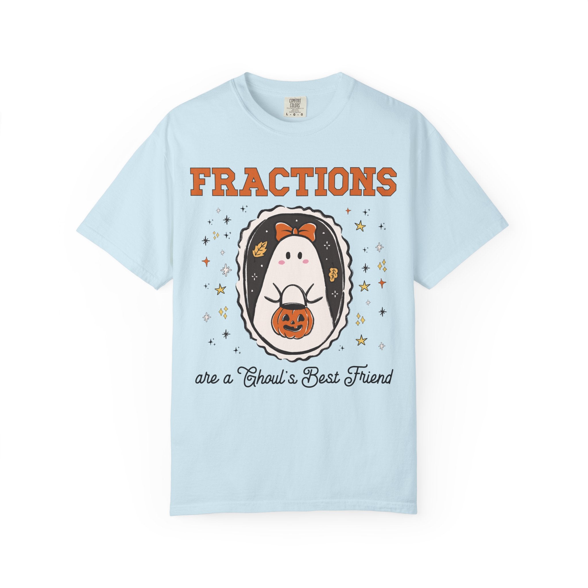 Math Teacher Halloween Fraction Tee Shirt for Third Grade Crew, Fourth Grade Teacher T-Shirt for Halloween with Cute Ghost Holding a Pumpkin - Opal and June
