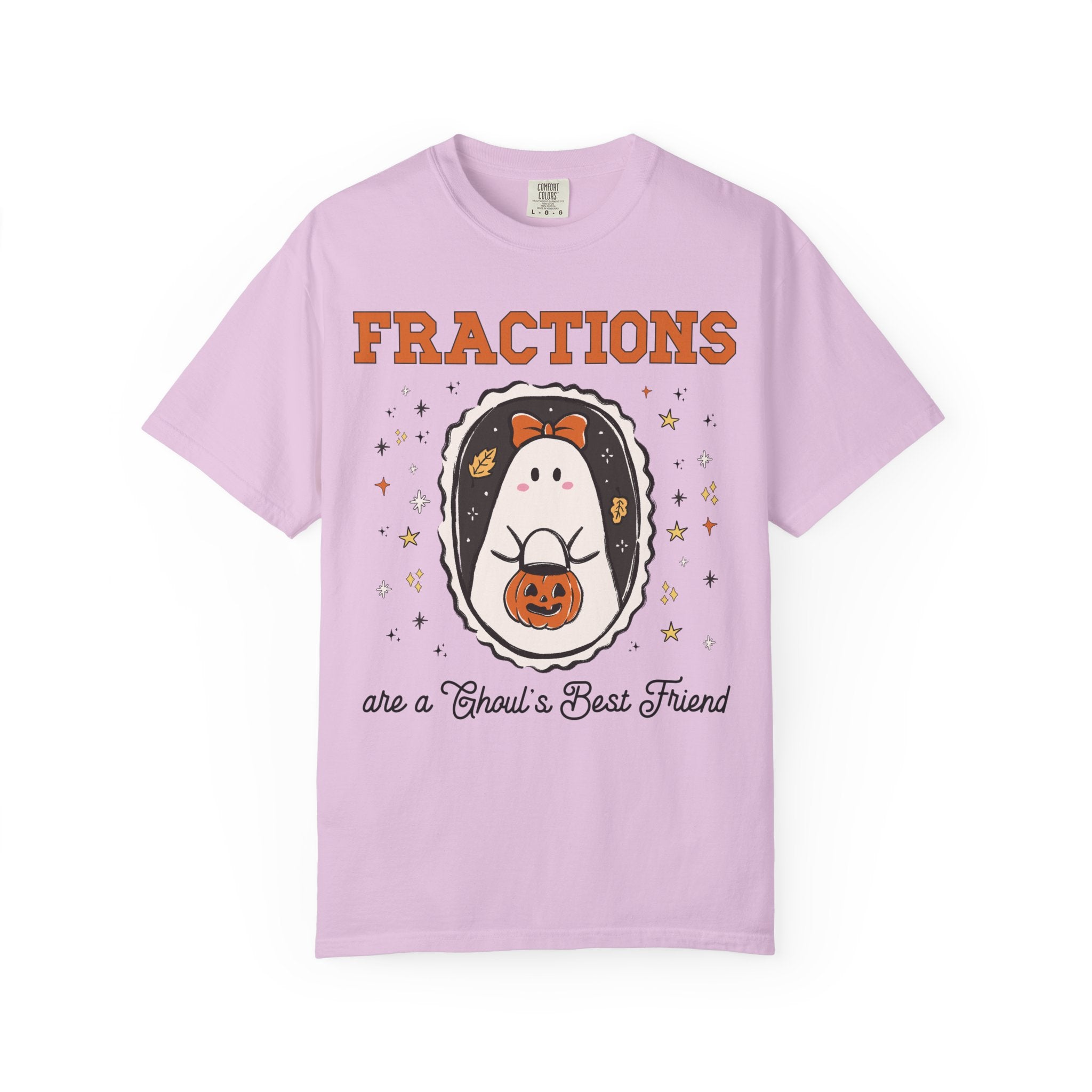 Math Teacher Halloween Fraction Tee Shirt for Third Grade Crew, Fourth Grade Teacher T-Shirt for Halloween with Cute Ghost Holding a Pumpkin - Opal and June