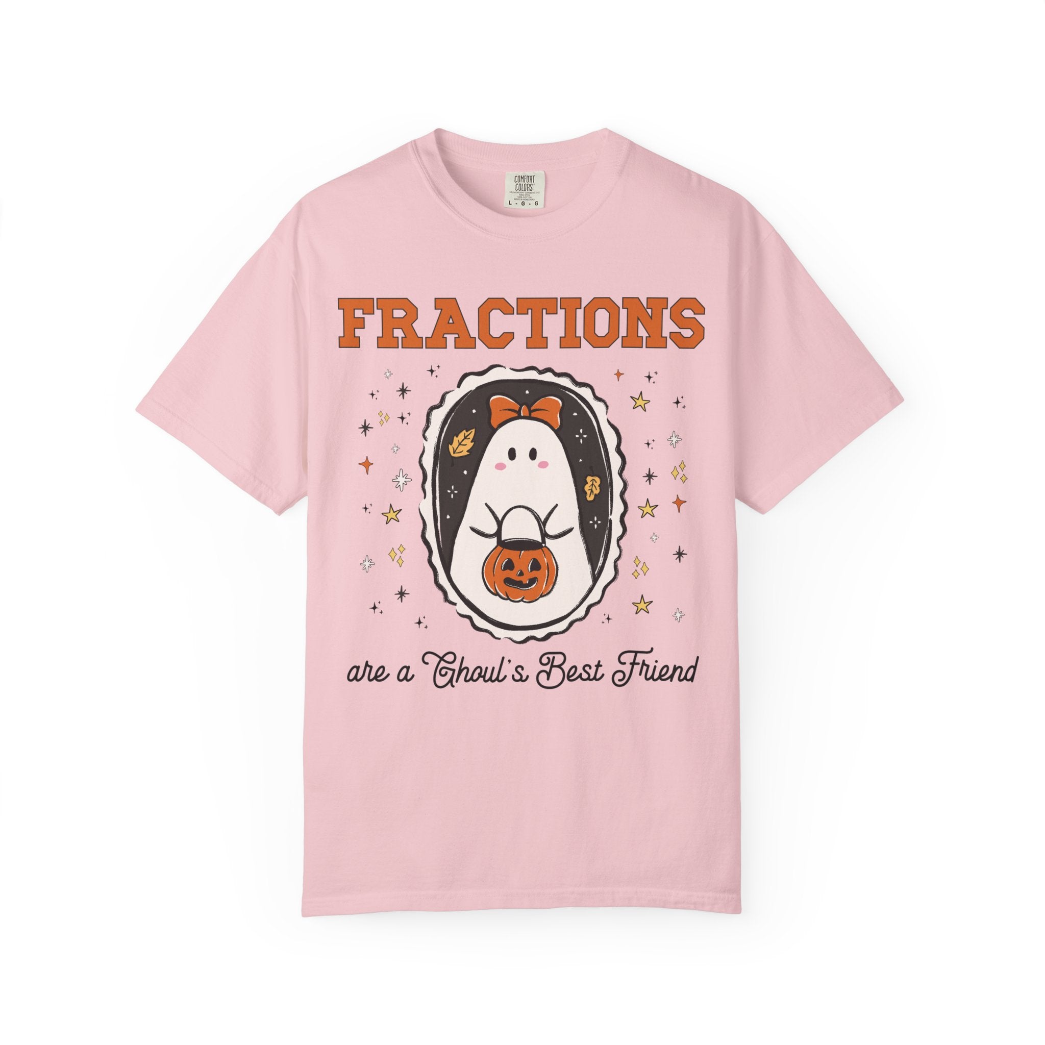 Math Teacher Halloween Fraction Tee Shirt for Third Grade Crew, Fourth Grade Teacher T-Shirt for Halloween with Cute Ghost Holding a Pumpkin - Opal and June