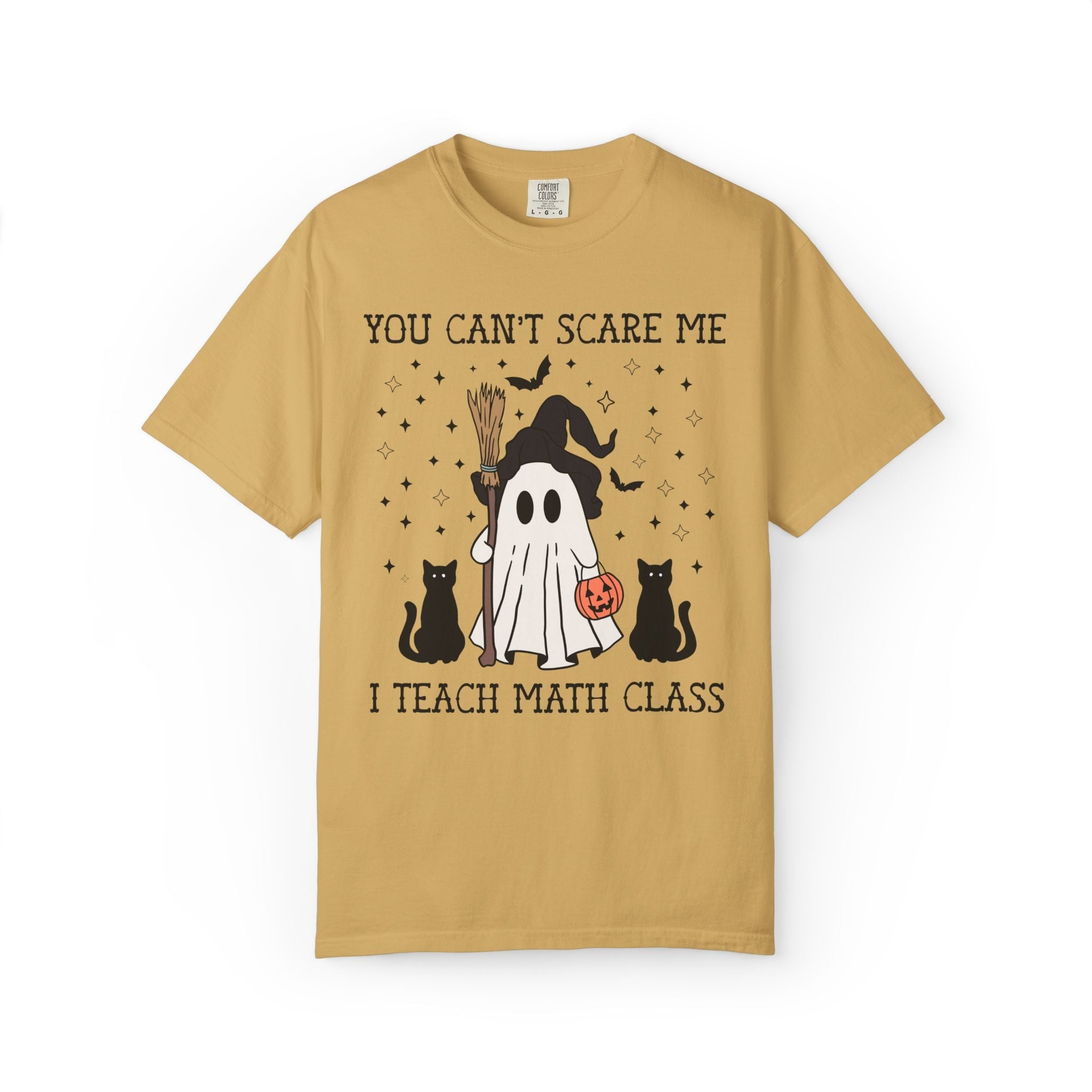 Math Teacher Halloween Tee Shirt with Witchy Ghost and Black Cats for Spooky Season: You Can't Scare Me, Math Department T-Shirt - Opal and June