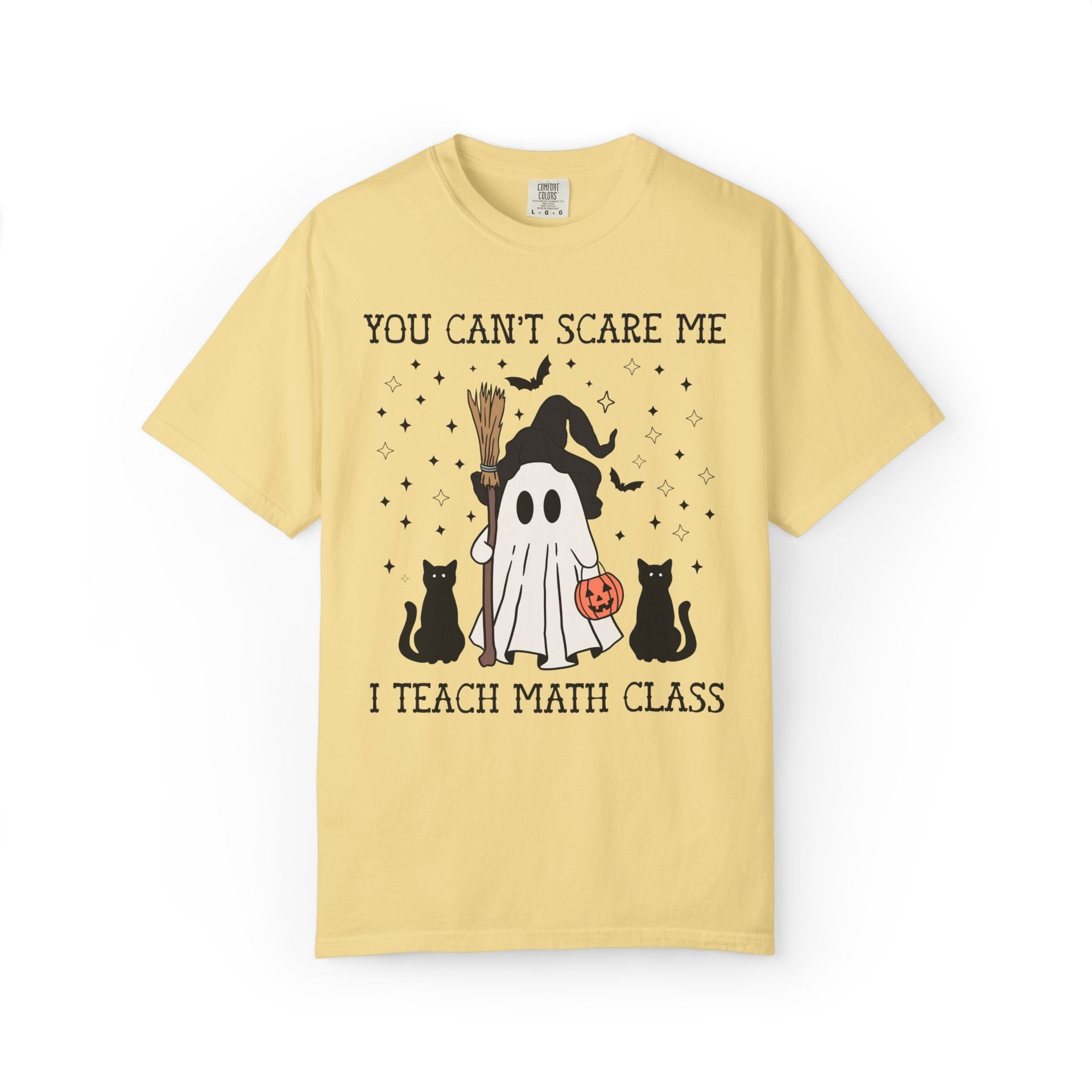 Math Teacher Halloween Tee Shirt with Witchy Ghost and Black Cats for Spooky Season: You Can't Scare Me, Math Department T-Shirt - Opal and June