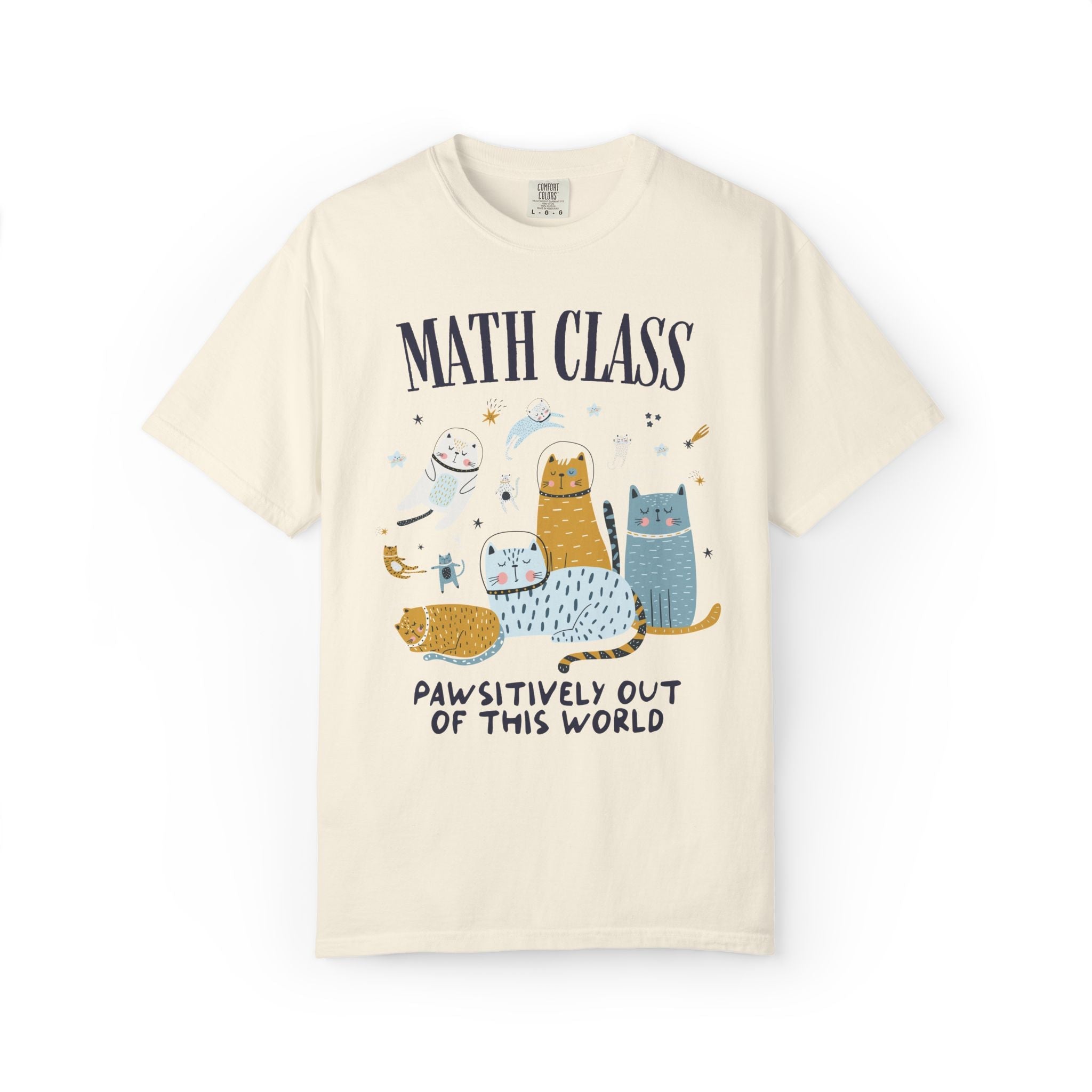 Math Teacher Space Cat Tee Shirt with Astronaut Kittens and Stars: Pawsitively Out of This World Teacher Team T-Shirt for Cat Lover - Opal and June