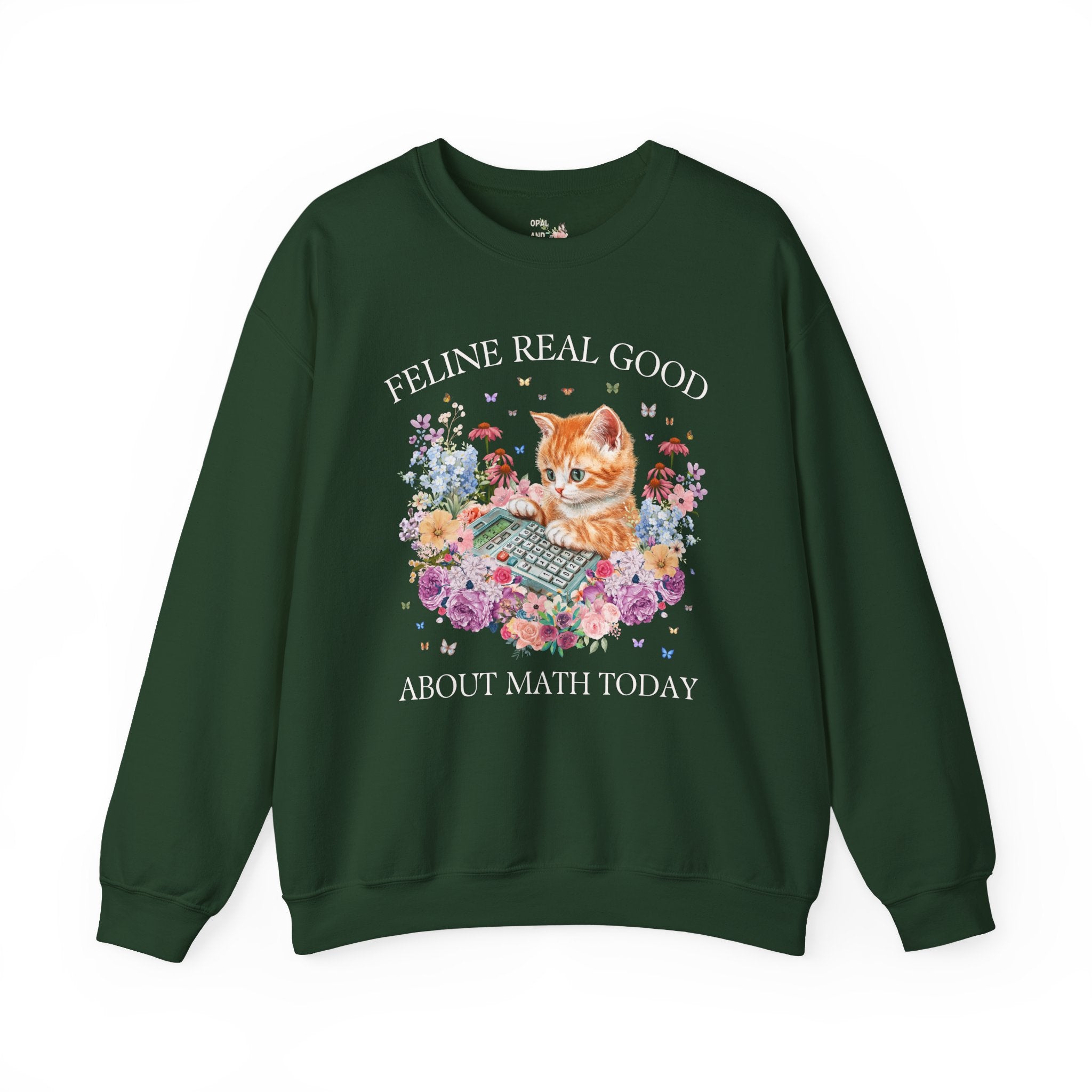 Math Teacher Sweatshirt for Middle School Cat Mom or Cat Dad Who Loves Math and Flowers: Feline Real Good About Math Today, Funny Saying - Opal and June