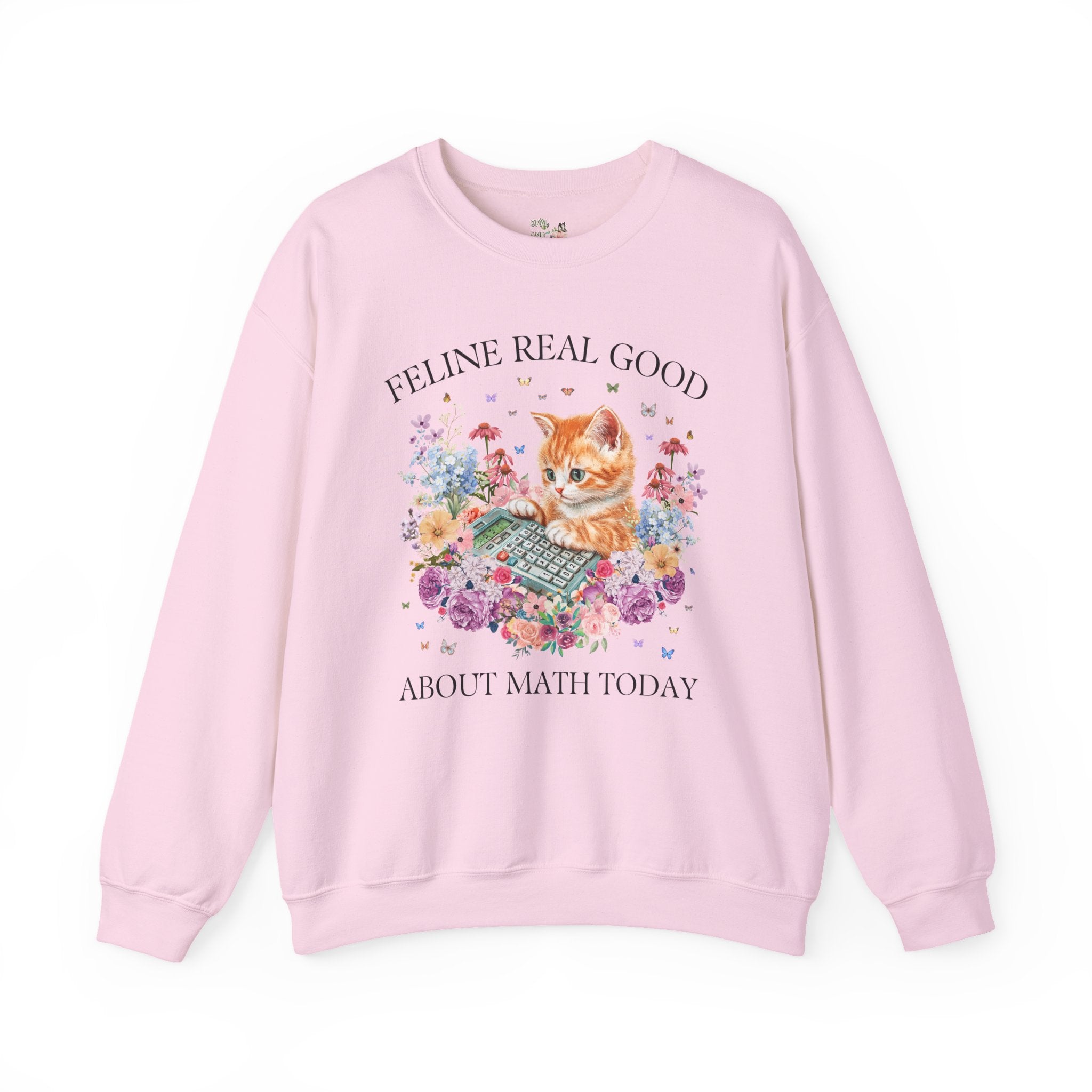 Math Teacher Sweatshirt for Middle School Cat Mom or Cat Dad Who Loves Math and Flowers: Feline Real Good About Math Today, Funny Saying - Opal and June