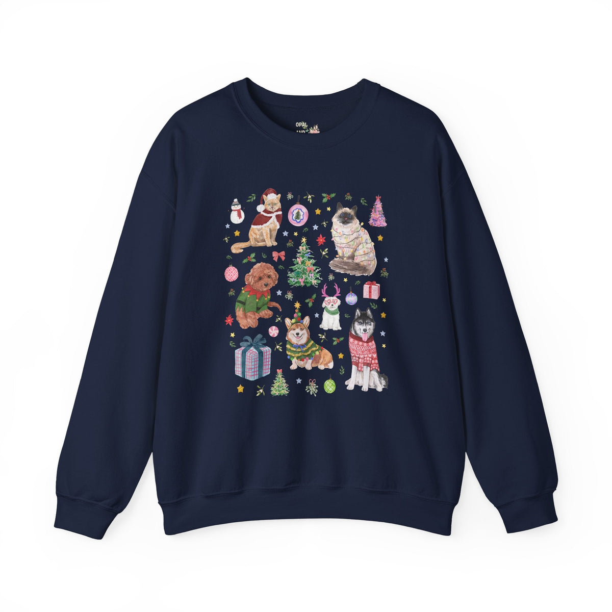 Maximalist Christmas Sweatshirt for Animal Lover with Kittens and Cats and Dogs, Funny Nostalgic Xmas Holiday Crewneck, Cute Kitschy Vibe - Opal and June