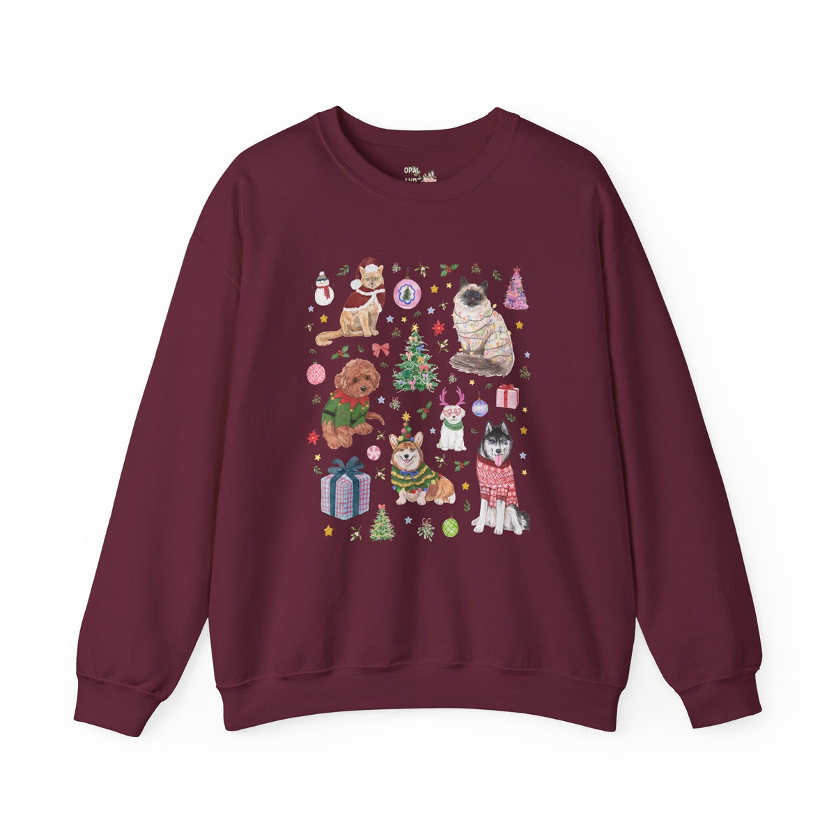 Maximalist Christmas Sweatshirt for Animal Lover with Kittens and Cats and Dogs, Funny Nostalgic Xmas Holiday Crewneck, Cute Kitschy Vibe - Opal and June