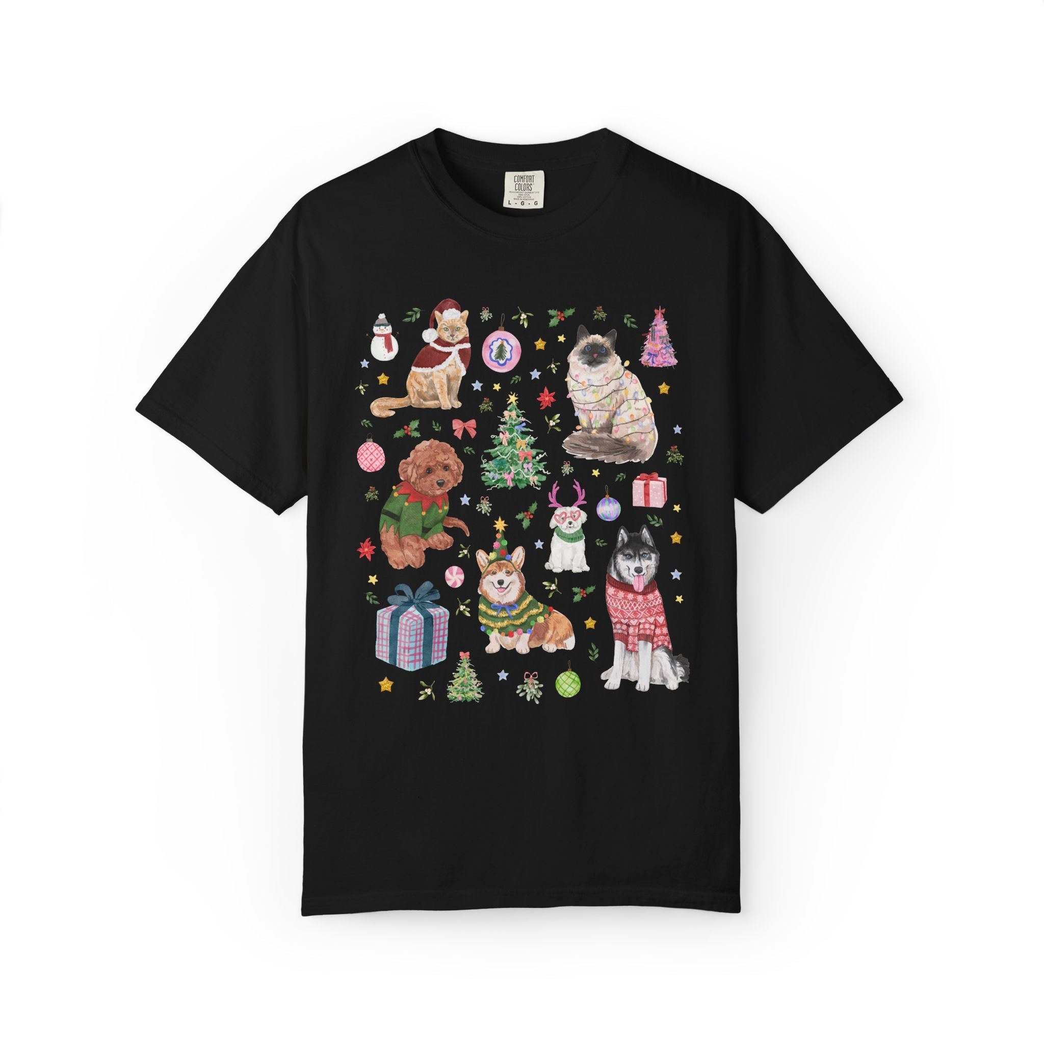 Maximalist Christmas Tee Shirt for Animal Lover with Kittens and Cats and Dogs, Funny Nostalgic Xmas Holiday T-Shirt, Cute Kitschy Vibe - Opal and June
