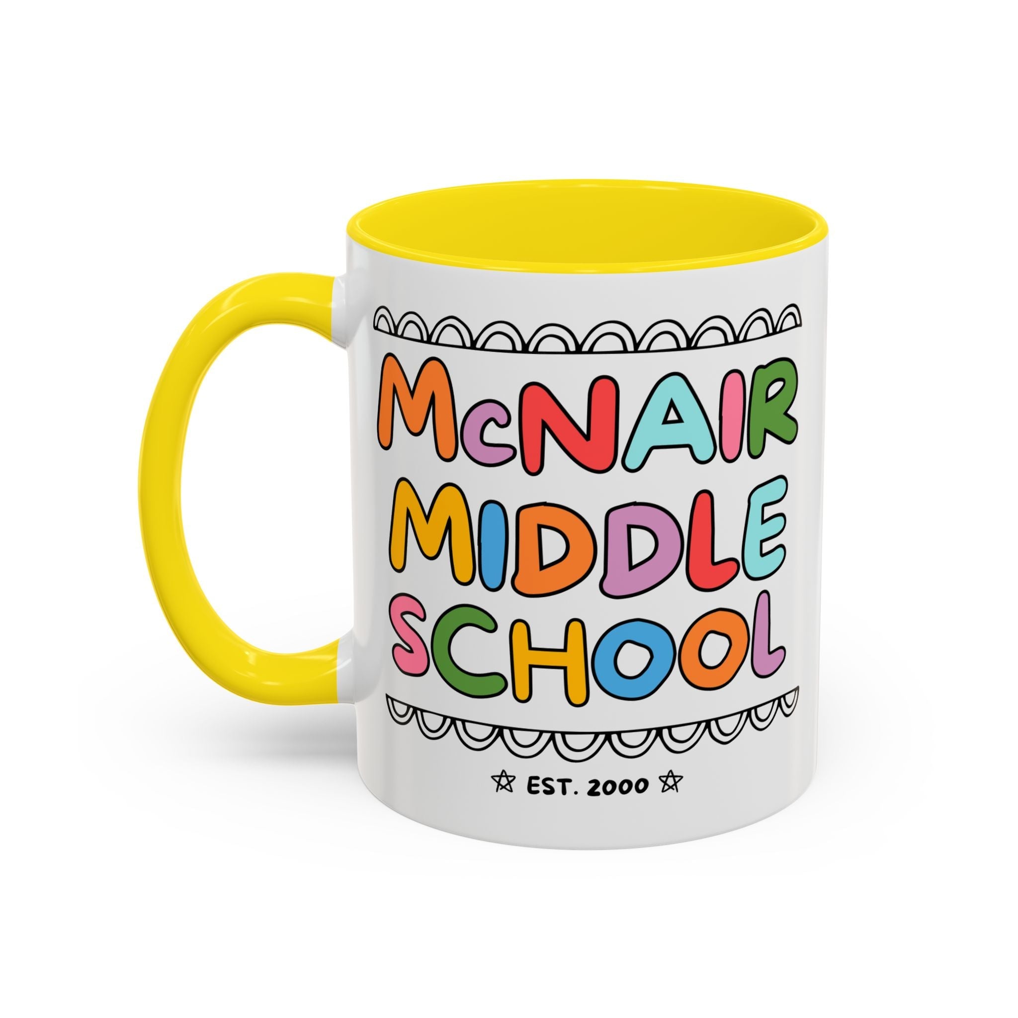 McNair Middle School 11 Oz Coffee Mug: Rainbow Letters | FPS + Opal and June Coffee Mug, Fayetteville Public Schools - Opal and June