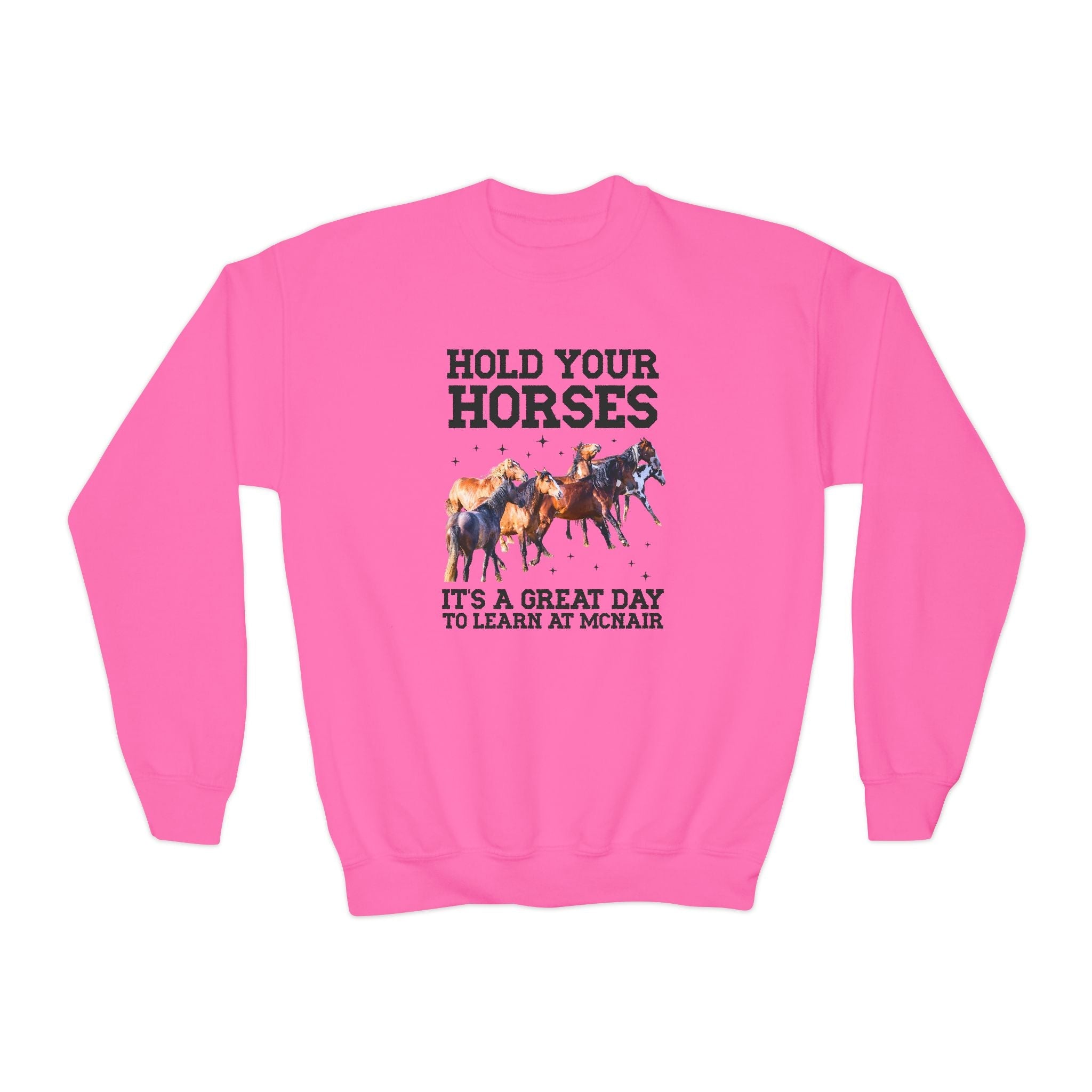 McNair Middle School Kids Sweatshirt: Hold Your Horses | FPS + Opal and June Kids Sweatshirt, Fayetteville Public Schools - Opal and June