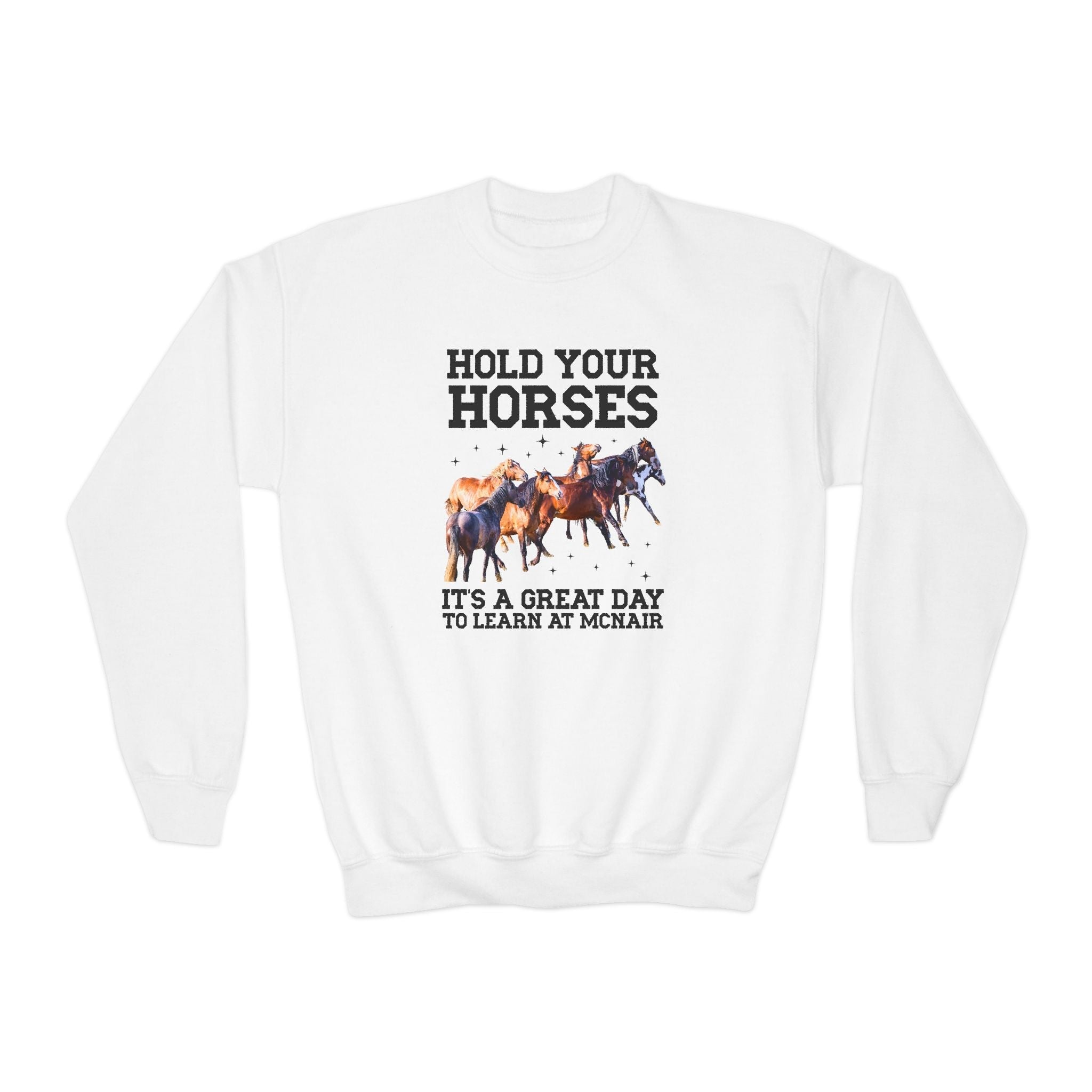McNair Middle School Kids Sweatshirt: Hold Your Horses | FPS + Opal and June Kids Sweatshirt, Fayetteville Public Schools - Opal and June