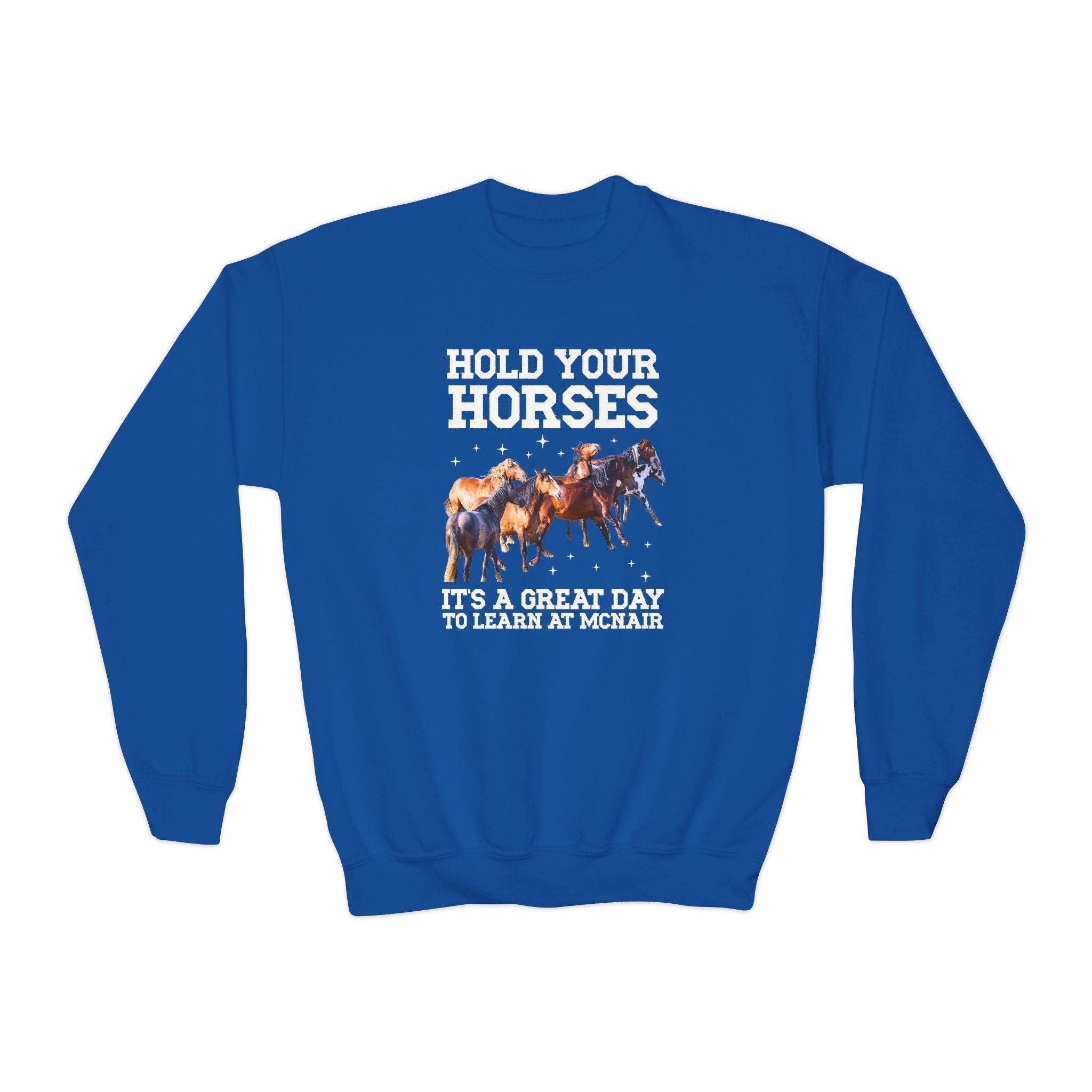 McNair Middle School Kids Sweatshirt: Hold Your Horses | FPS + Opal and June Kids Sweatshirt, Fayetteville Public Schools - Opal and June