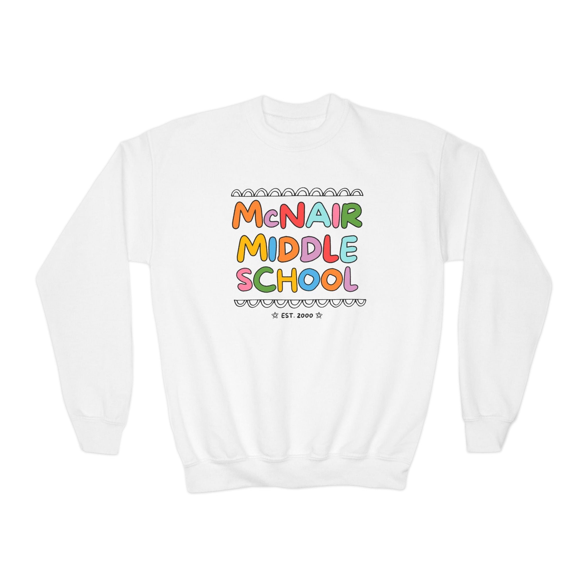 McNair Middle School Kids Sweatshirt: Rainbow Letters | FPS + Opal and June Kids Sweatshirt, Fayetteville Public Schools - Opal and June