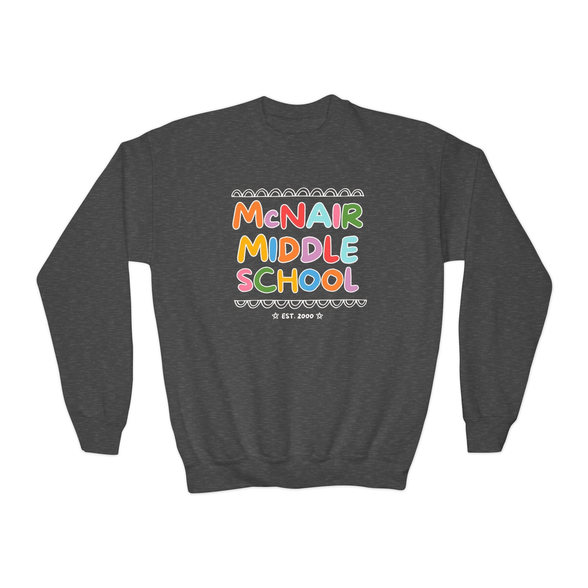 McNair Middle School Kids Sweatshirt: Rainbow Letters | FPS + Opal and June Kids Sweatshirt, Fayetteville Public Schools - Opal and June