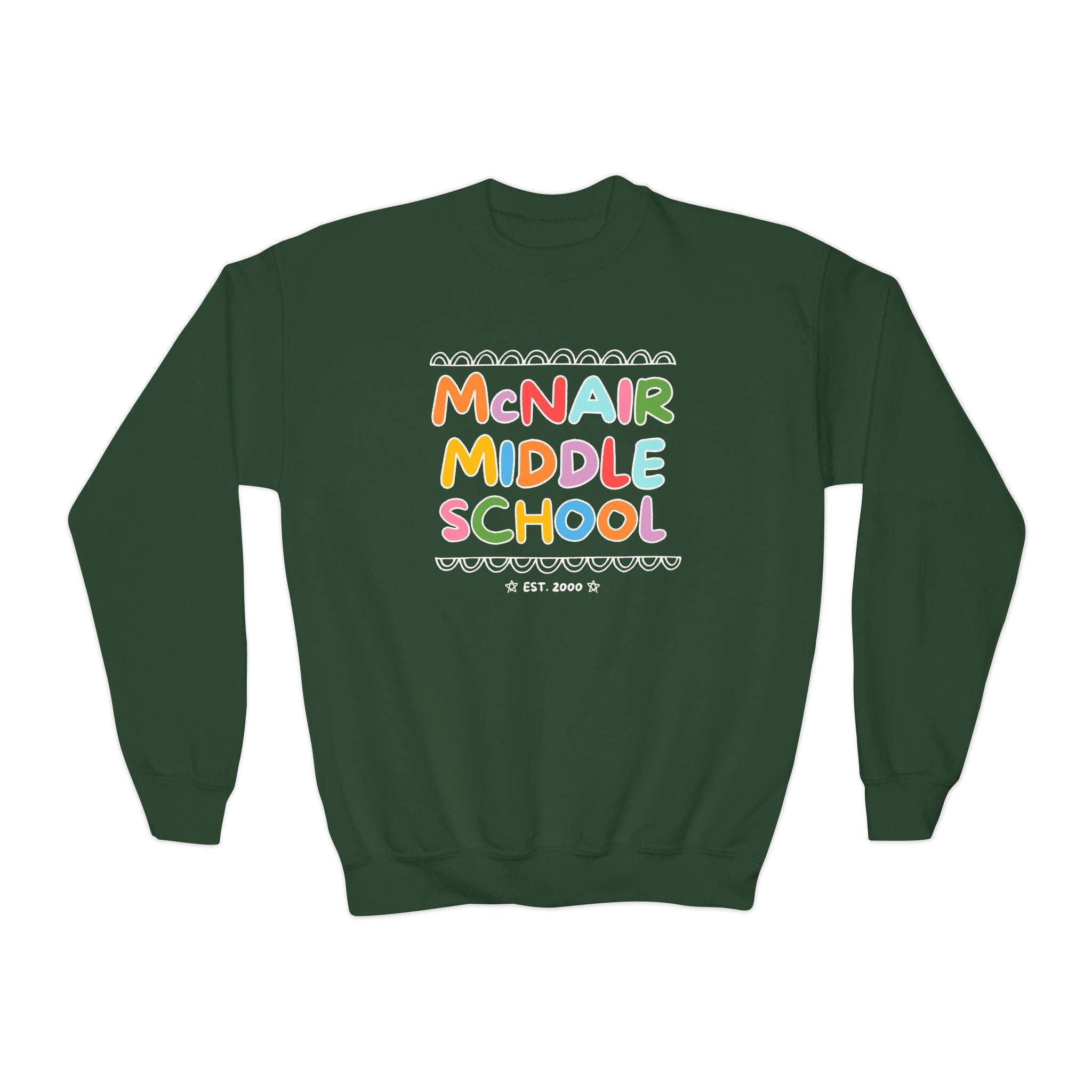 McNair Middle School Kids Sweatshirt: Rainbow Letters | FPS + Opal and June Kids Sweatshirt, Fayetteville Public Schools - Opal and June