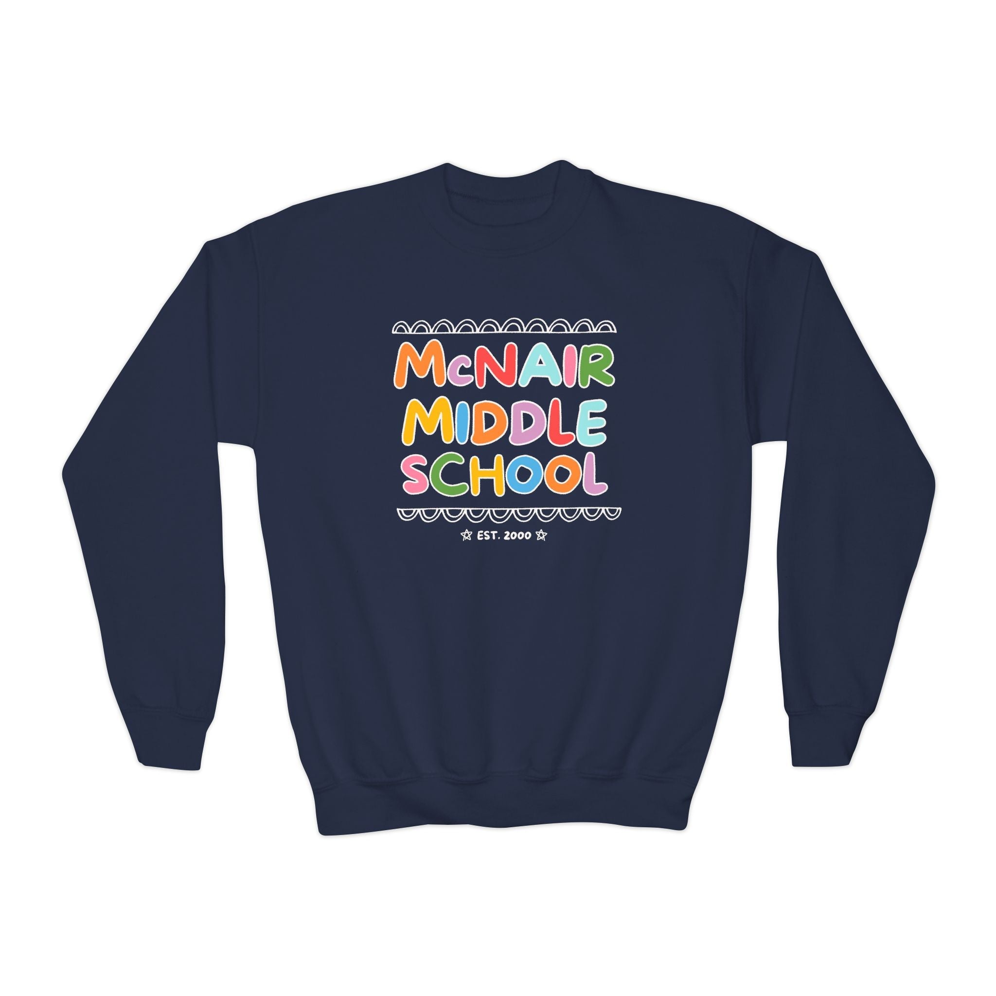 McNair Middle School Kids Sweatshirt: Rainbow Letters | FPS + Opal and June Kids Sweatshirt, Fayetteville Public Schools - Opal and June