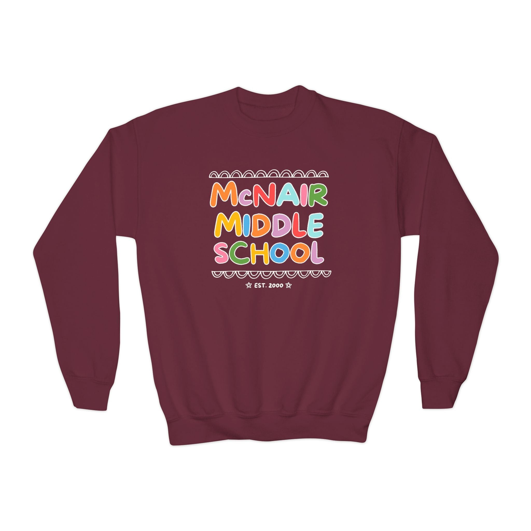 McNair Middle School Kids Sweatshirt: Rainbow Letters | FPS + Opal and June Kids Sweatshirt, Fayetteville Public Schools - Opal and June