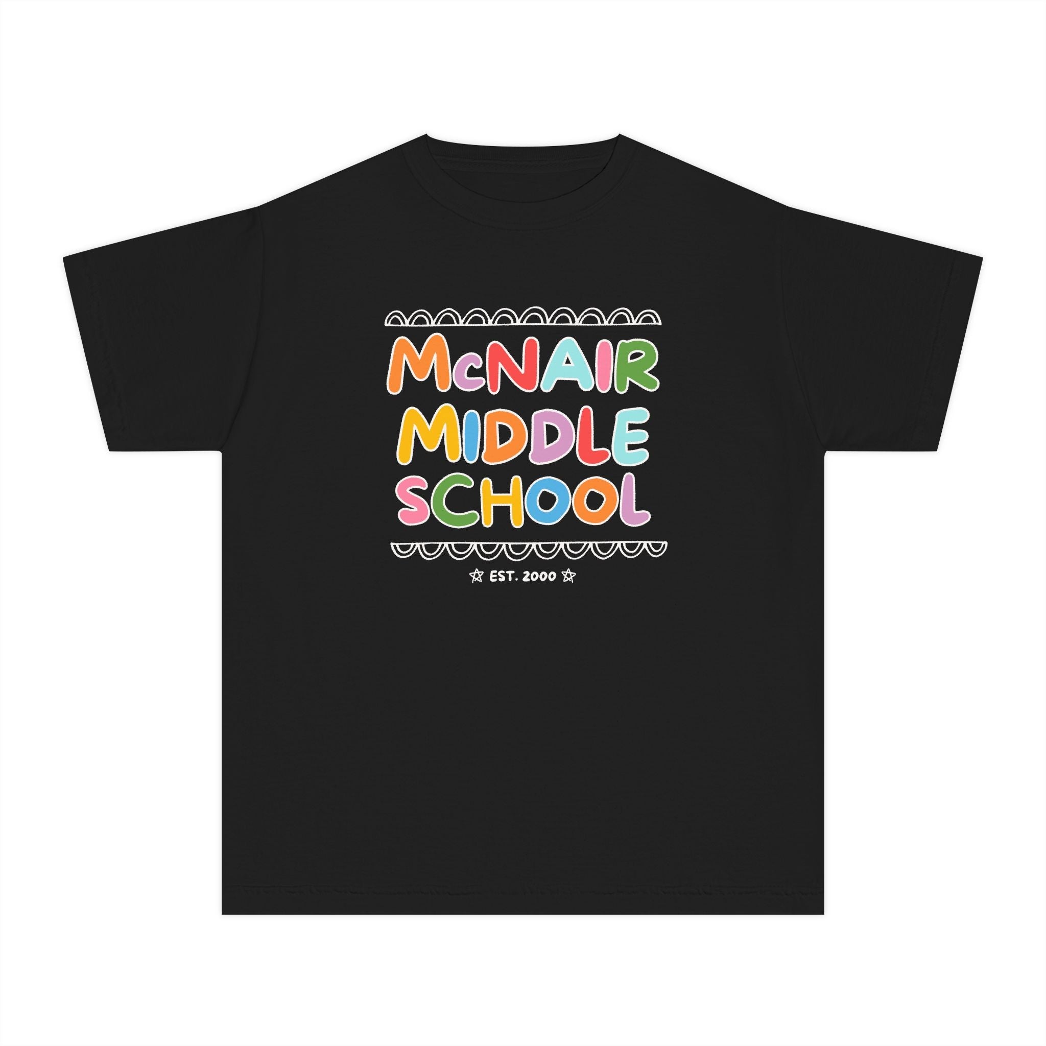 McNair Middle School Kids Tee Shirt: Rainbow Letters | FPS + Opal and June Kids Tee Shirt, Fayetteville Public Schools - Opal and June