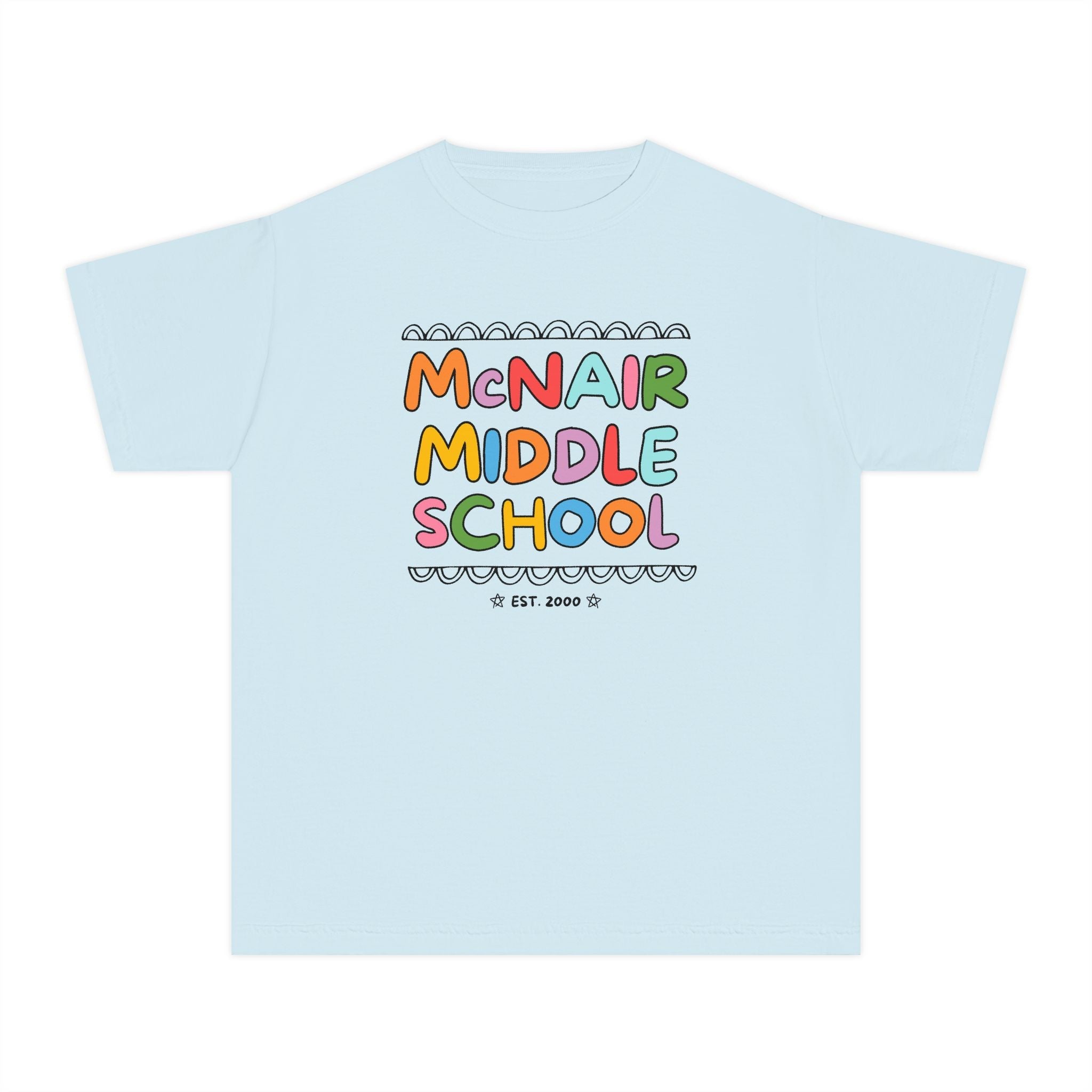 McNair Middle School Kids Tee Shirt: Rainbow Letters | FPS + Opal and June Kids Tee Shirt, Fayetteville Public Schools - Opal and June