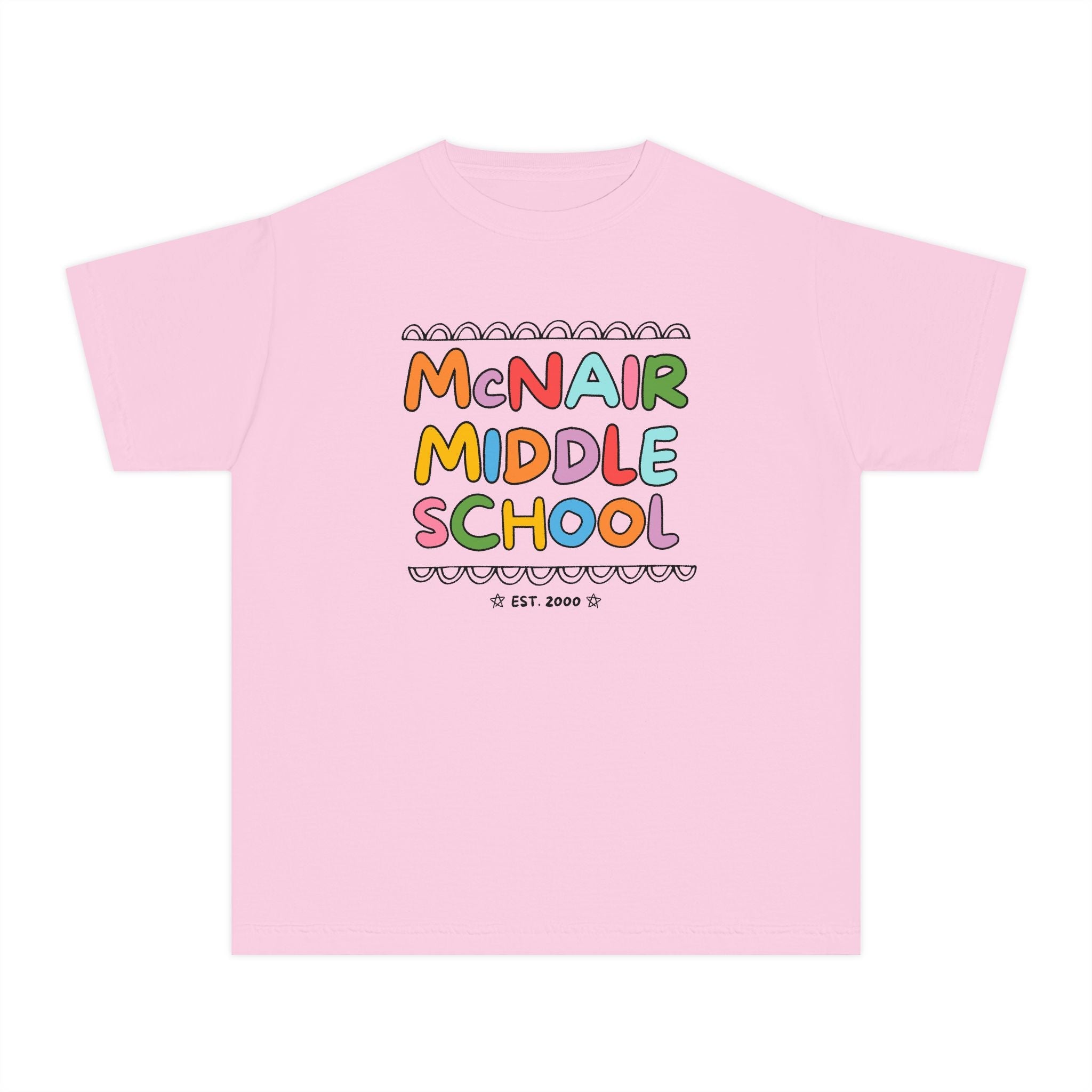 McNair Middle School Kids Tee Shirt: Rainbow Letters | FPS + Opal and June Kids Tee Shirt, Fayetteville Public Schools - Opal and June