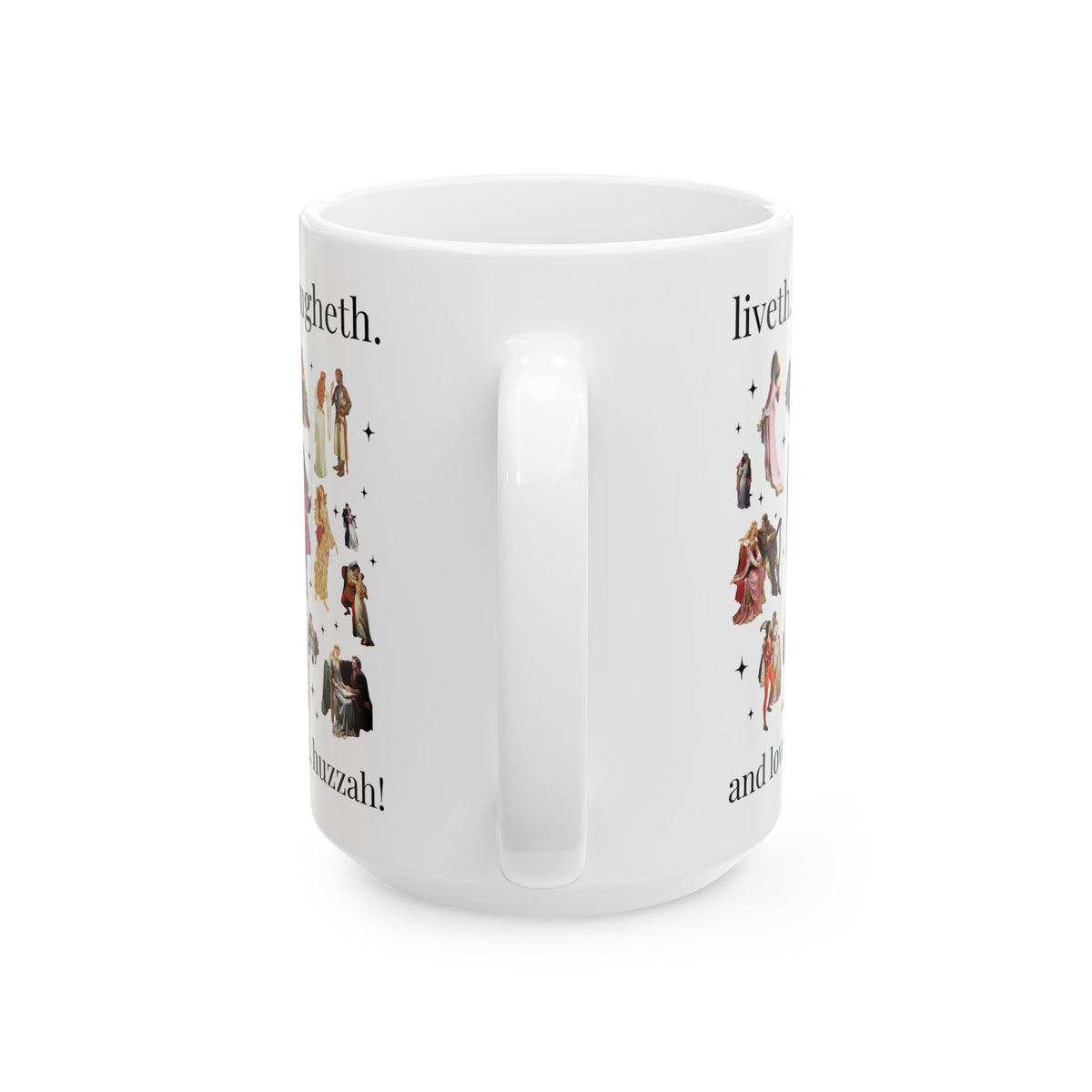 Medieval Bachelorette Party 15 Oz Coffee Mug with Famous Paintings of Medieval Couples and Princesses: Liveth Laughter and Loveth, Huzzah! - Opal and June