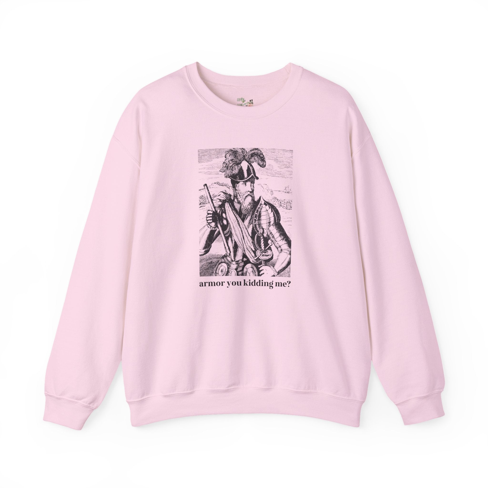 Medieval History Buff Sweatshirt, Funny Saying: Armor You Kidding Me? Silly Goblincore Crewneck with Knight in Armor, History Teacher Gift - Opal and June