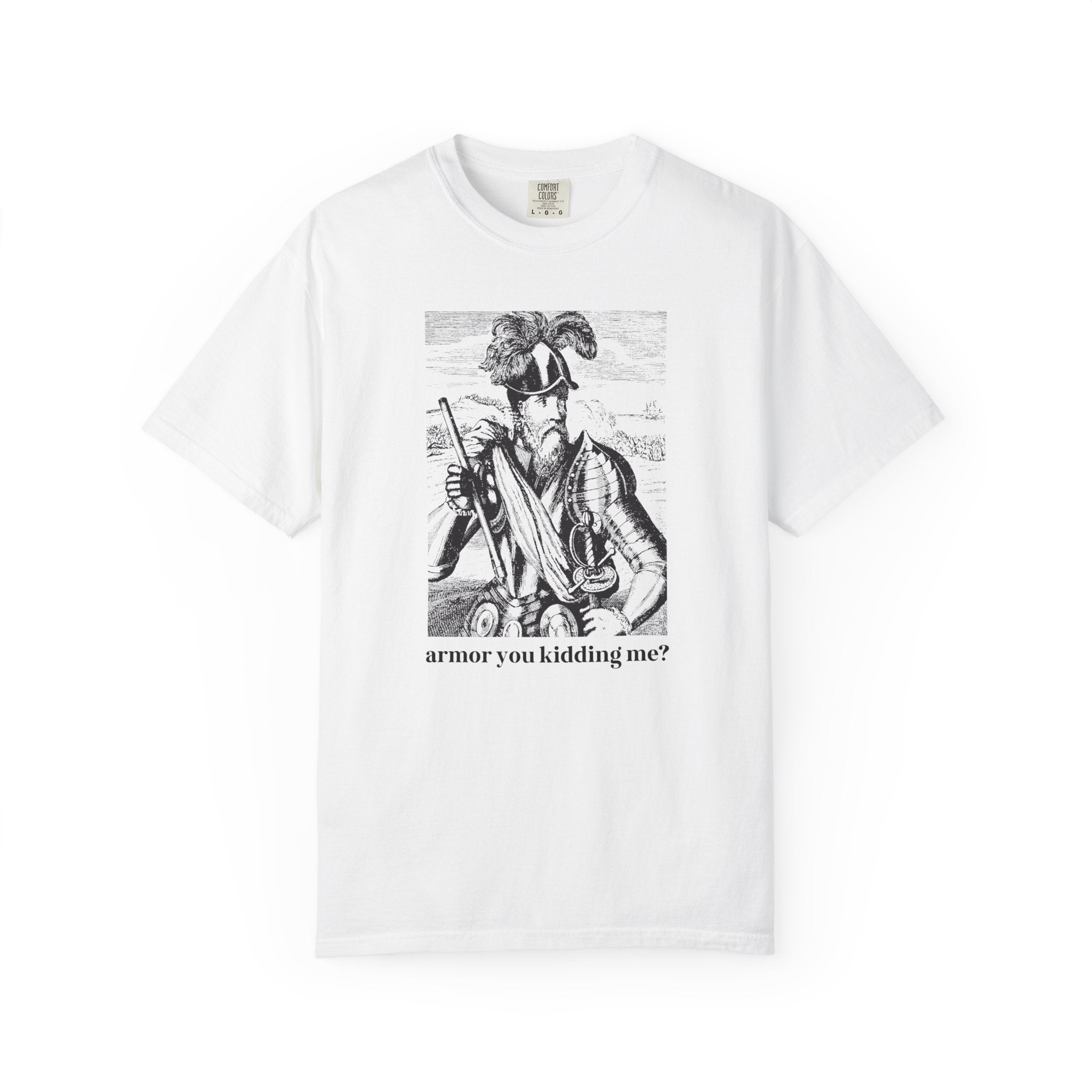 Medieval History Buff Tee Shirt with Funny Saying: Armor You Kidding Me? Silly Goblincore T-Shirt with Knight in Armor, History Teacher Gift - Opal and June