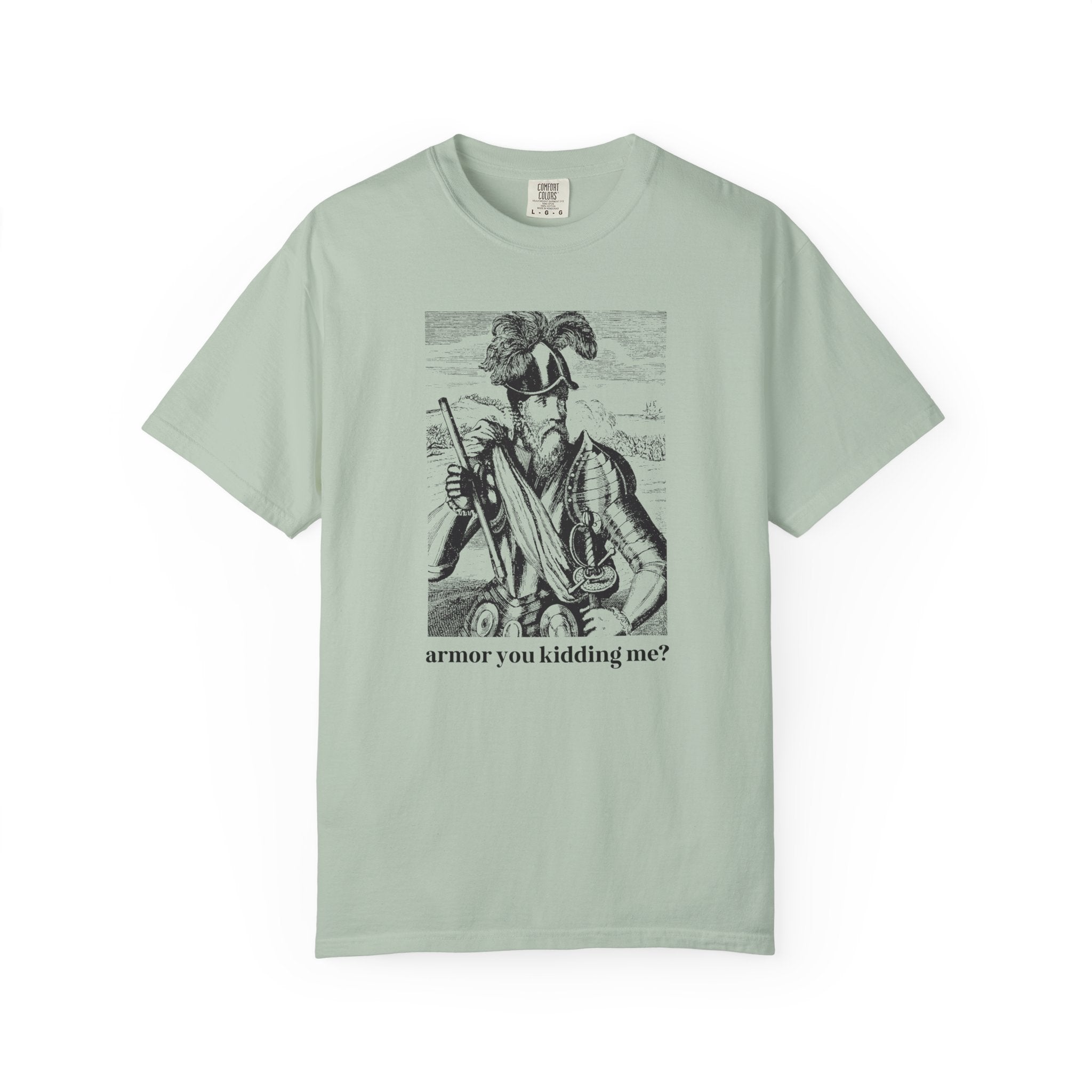 Medieval History Buff Tee Shirt with Funny Saying: Armor You Kidding Me? Silly Goblincore T-Shirt with Knight in Armor, History Teacher Gift - Opal and June
