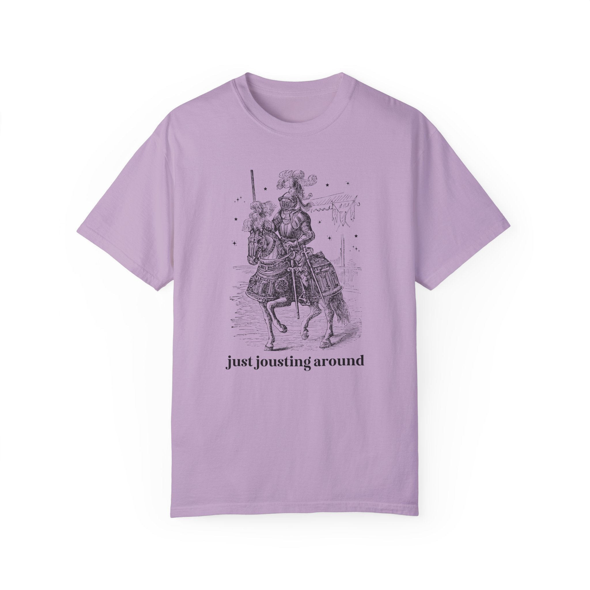 Medieval History Tee Shirt with Funny Saying: Just Jousting Around, Silly Goblincore T-Shirt with Stars and a Knight in Armor, History Gift - Opal and June