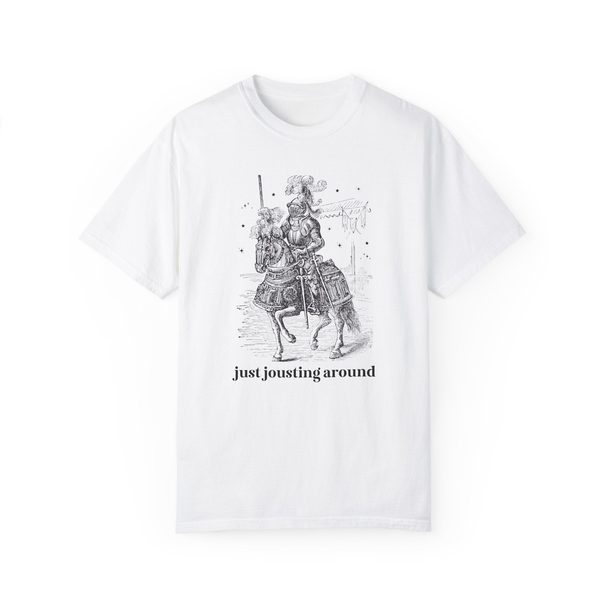 Medieval History Tee Shirt with Funny Saying: Just Jousting Around, Silly Goblincore T-Shirt with Stars and a Knight in Armor, History Gift - Opal and June