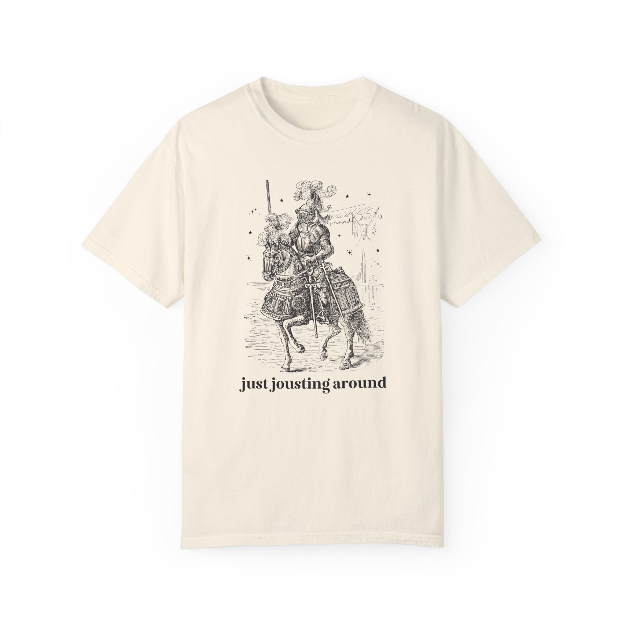 Medieval History Tee Shirt with Funny Saying: Just Jousting Around, Silly Goblincore T-Shirt with Stars and a Knight in Armor, History Gift - Opal and June