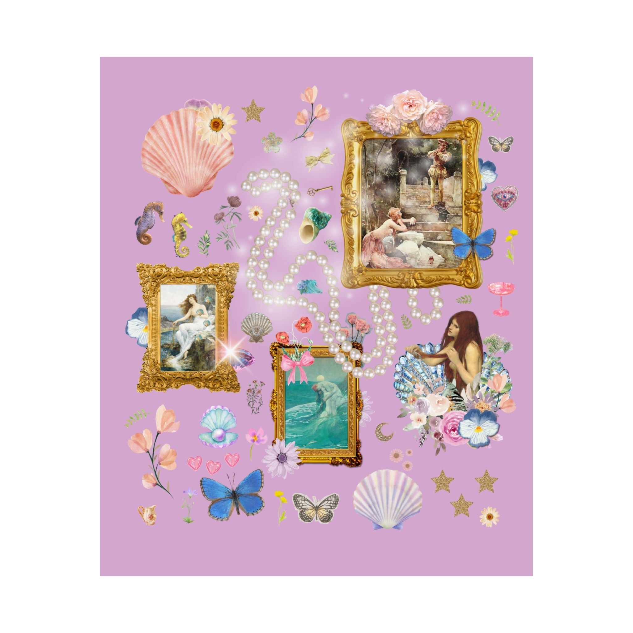 Mermaid Goblincore Poster with Famous Paintings and Flowers, Colorful Maximalist Vintage Aesthetic Print, Book Lover, Pressed Flowers - Opal and June