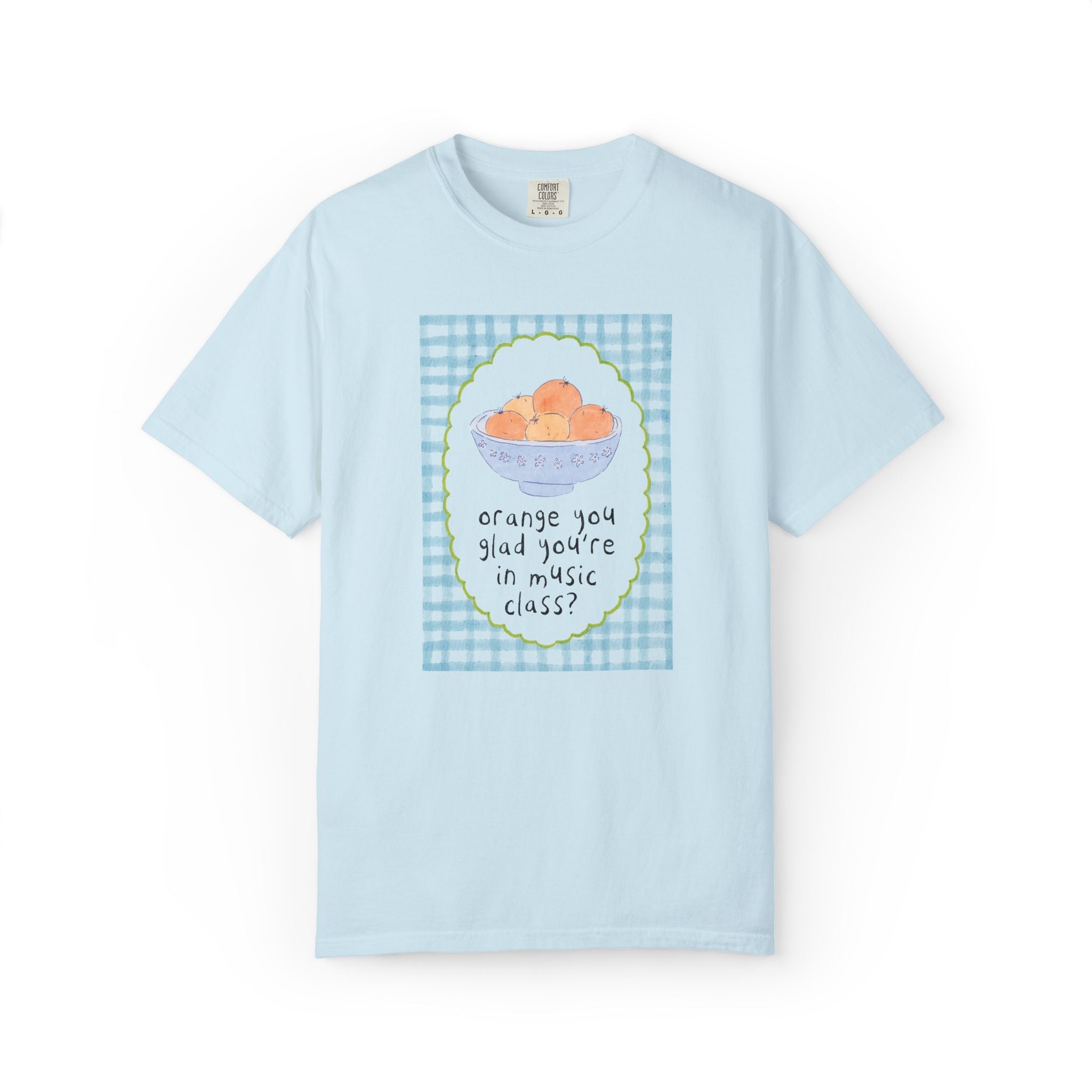 Music Class: Orange You Glad Matching Teacher Tee Shirt, Silly and Cute Back to School Tee with Blue Gingham and Oranges in a Bowl - Opal and June
