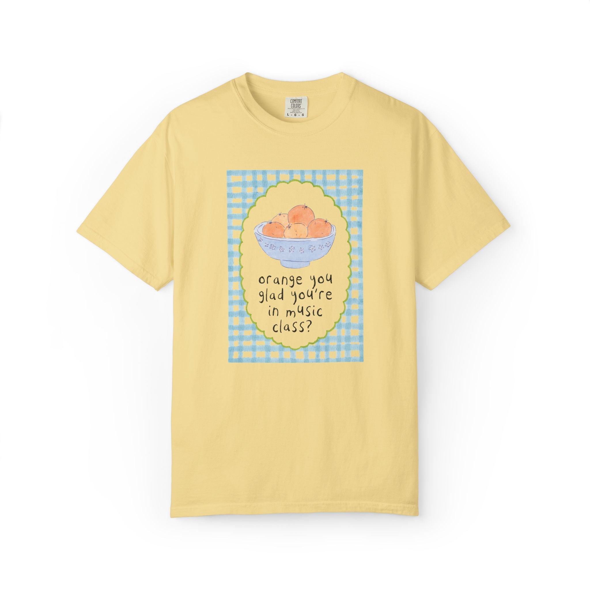 Music Class: Orange You Glad Matching Teacher Tee Shirt, Silly and Cute Back to School Tee with Blue Gingham and Oranges in a Bowl - Opal and June