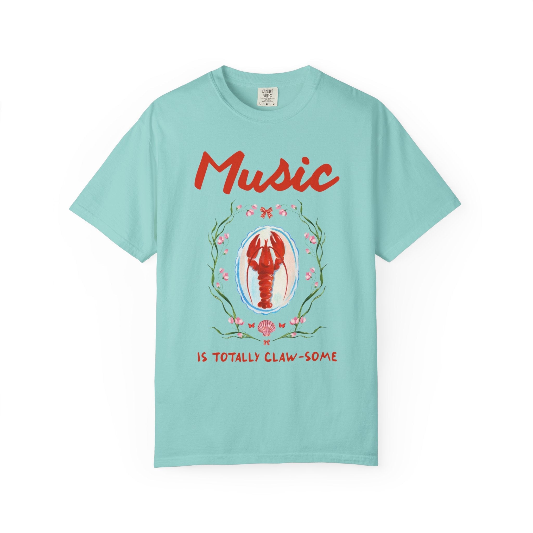 Music is Totally Clawsome: Lobster Teacher Tee Shirt with Flowers, Funny and Colorful Maximalist 90s Aesthetic Back to School T-Shirt - Opal and June
