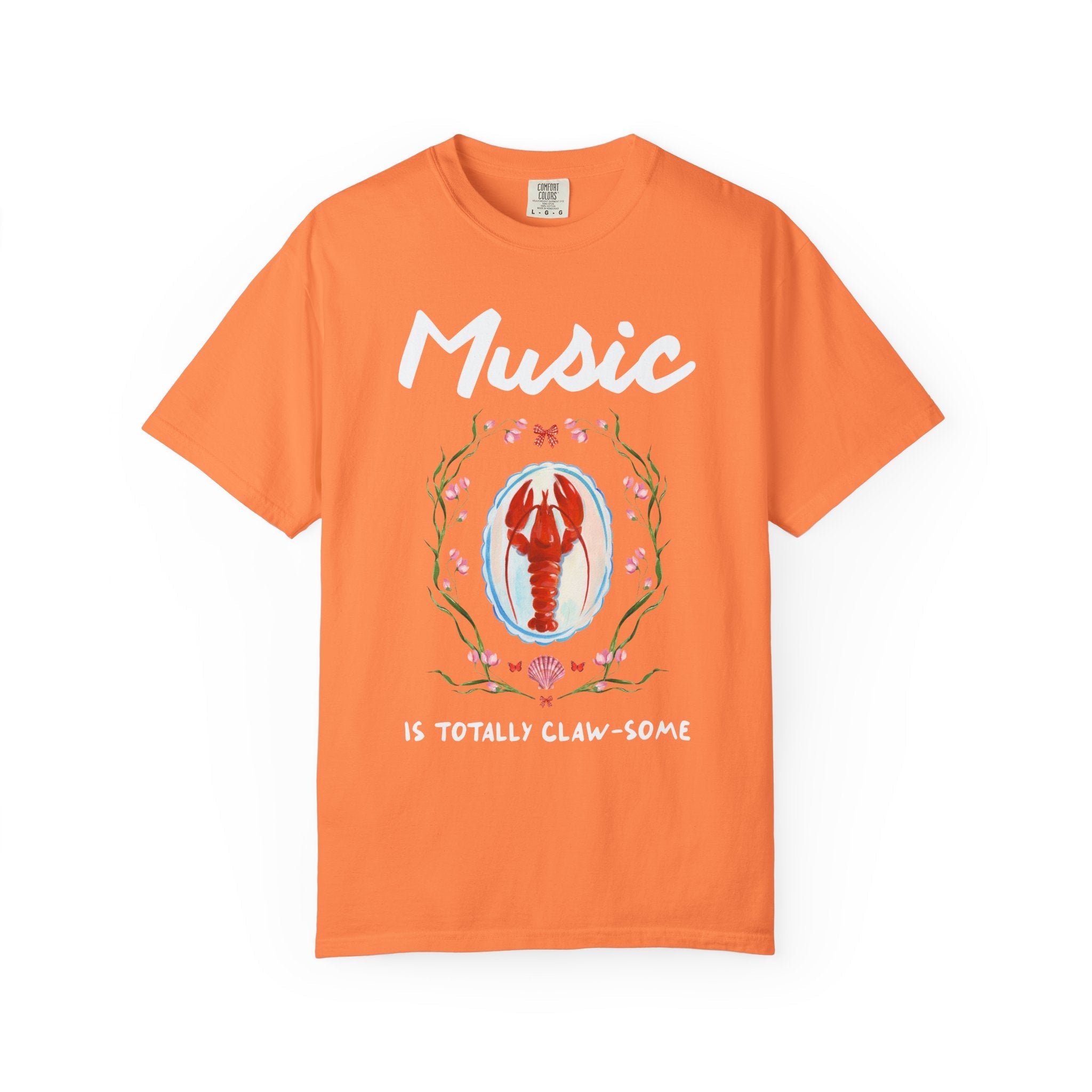 Music is Totally Clawsome: Lobster Teacher Tee Shirt with Flowers, Funny and Colorful Maximalist 90s Aesthetic Back to School T-Shirt - Opal and June